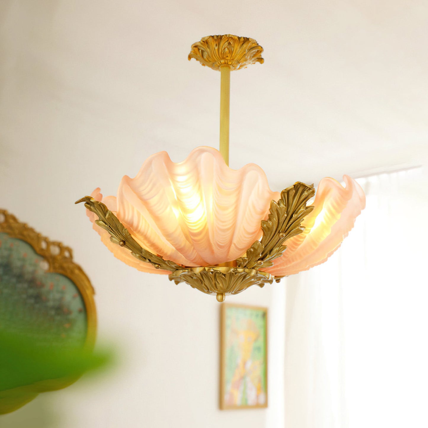 Velmira Shell Ceiling Lamp - Coastal Clam Shell Frosted Glass Sconce | Antiqued Brass Semi-Flush Mount Light