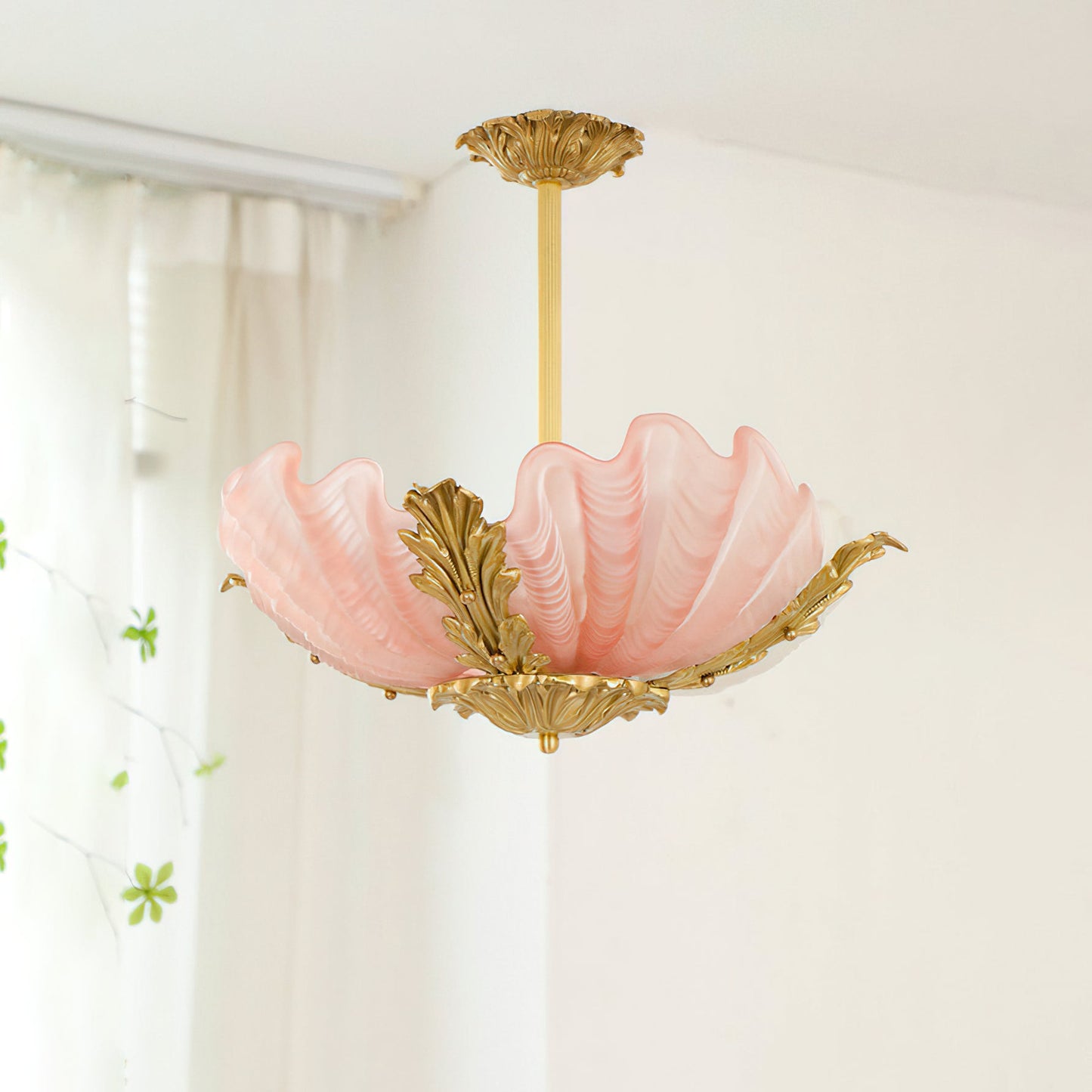 Velmira Shell Ceiling Lamp - Coastal Clam Shell Frosted Glass Sconce | Antiqued Brass Semi-Flush Mount Light