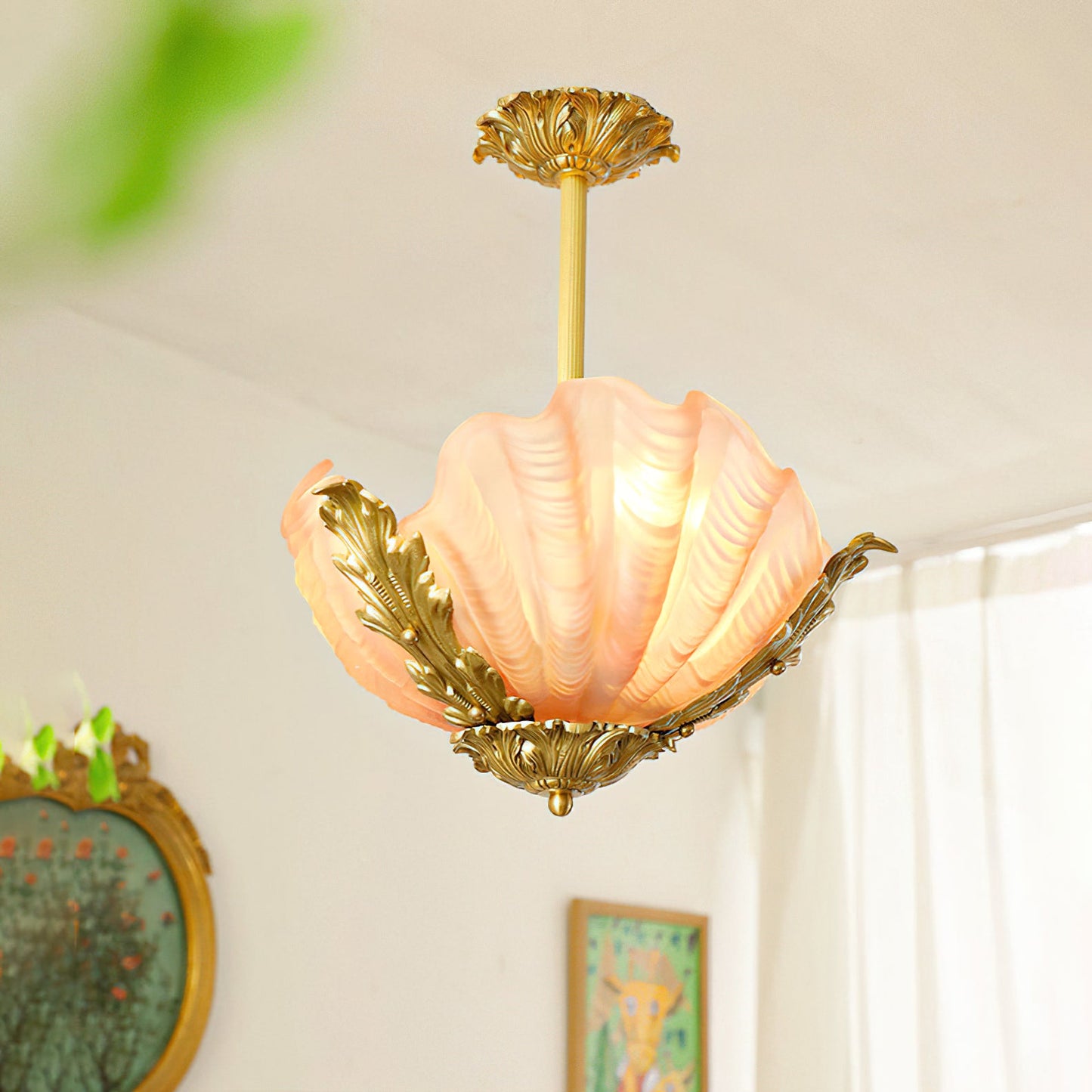 Velmira Shell Ceiling Lamp - Coastal Clam Shell Frosted Glass Sconce | Antiqued Brass Semi-Flush Mount Light