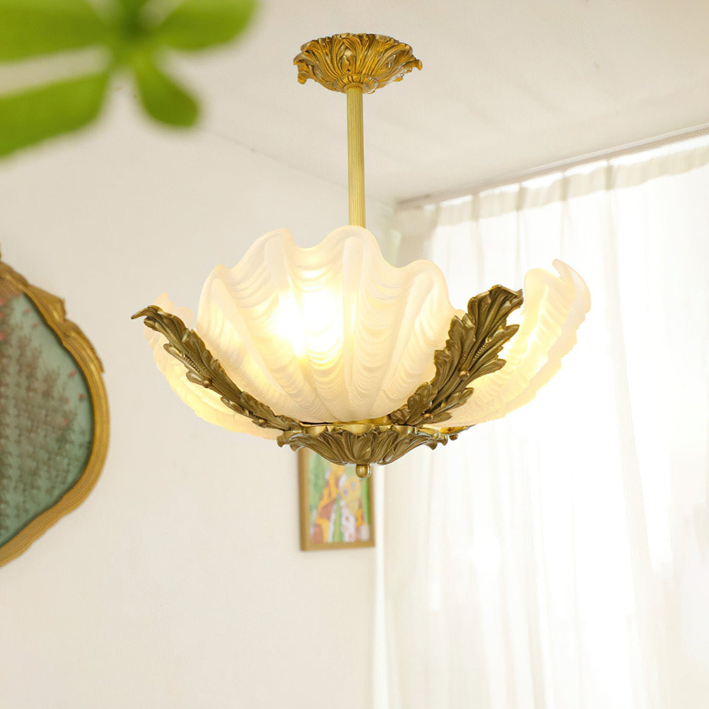 Velmira Shell Ceiling Lamp - Coastal Clam Shell Frosted Glass Sconce | Antiqued Brass Semi-Flush Mount Light