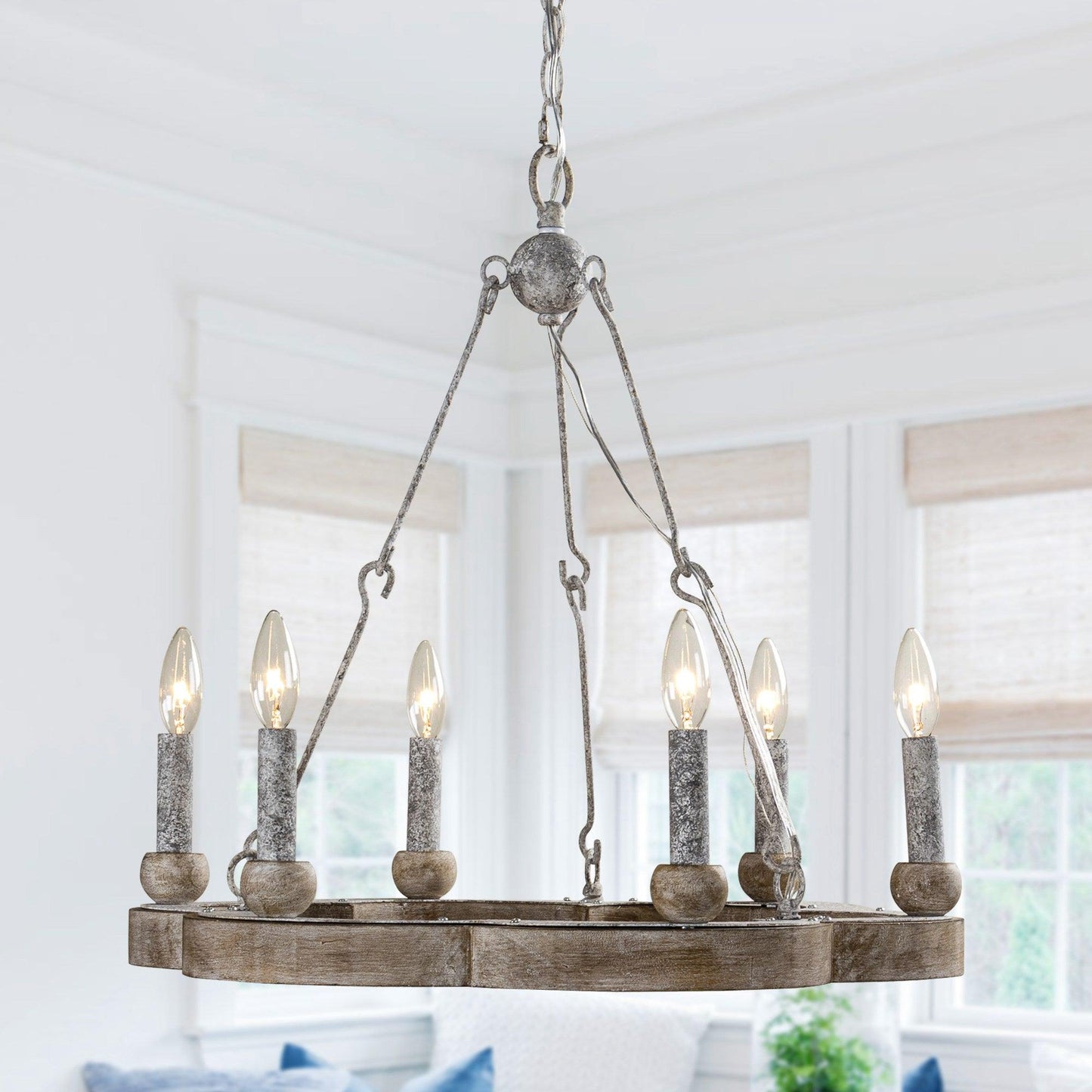 Venezia Wood Wheel Chandelier - Solid Wood Wagon Wheel Pendant Light | French Country Farmhouse Candelabra