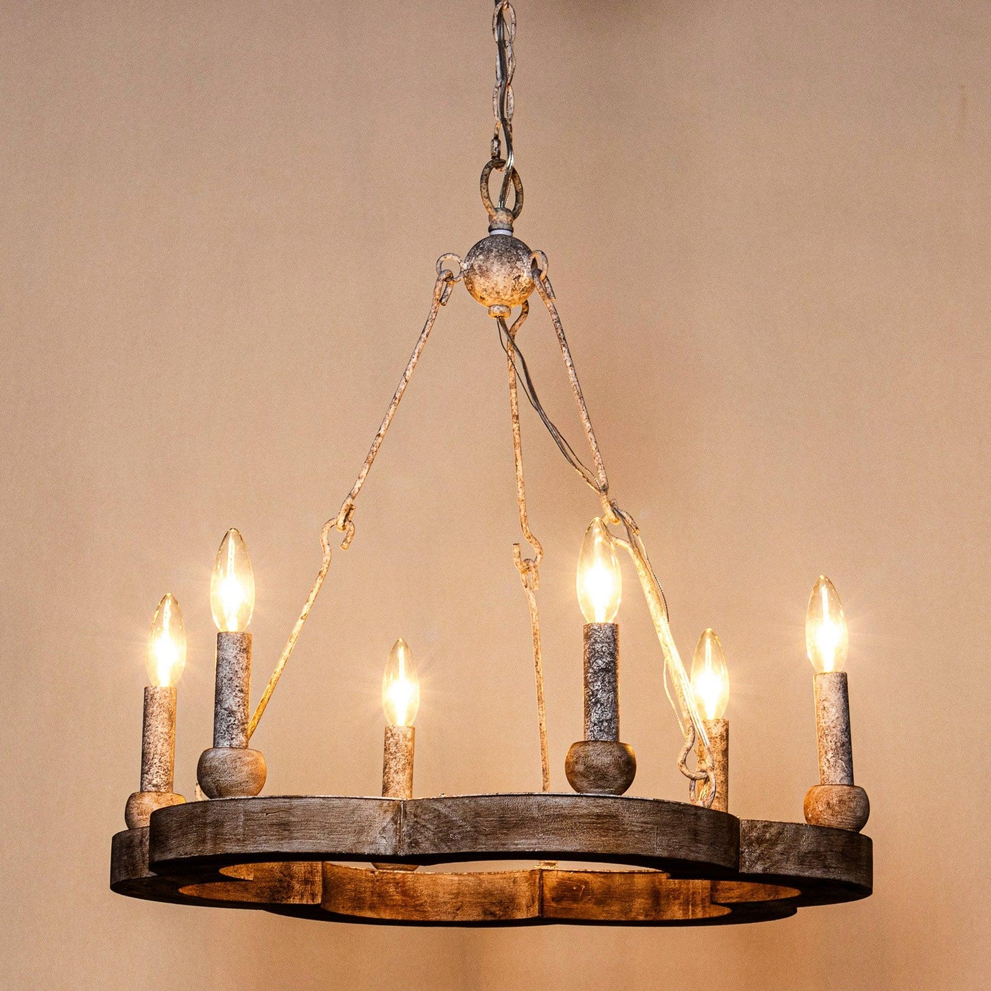 Venezia Wood Wheel Chandelier - Solid Wood Wagon Wheel Pendant Light | French Country Farmhouse Candelabra