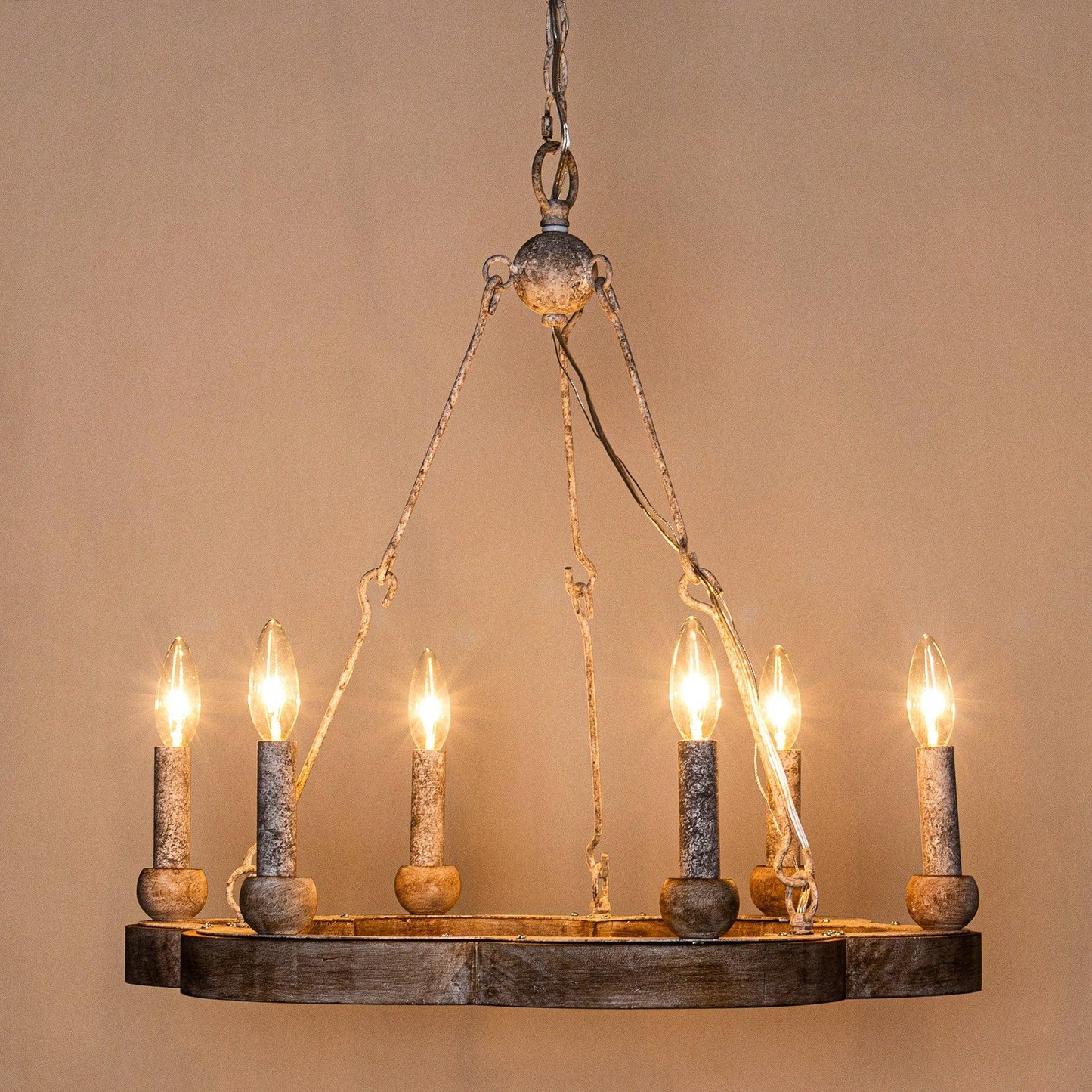 Venezia Wood Wheel Chandelier - Solid Wood Wagon Wheel Pendant Light | French Country Farmhouse Candelabra