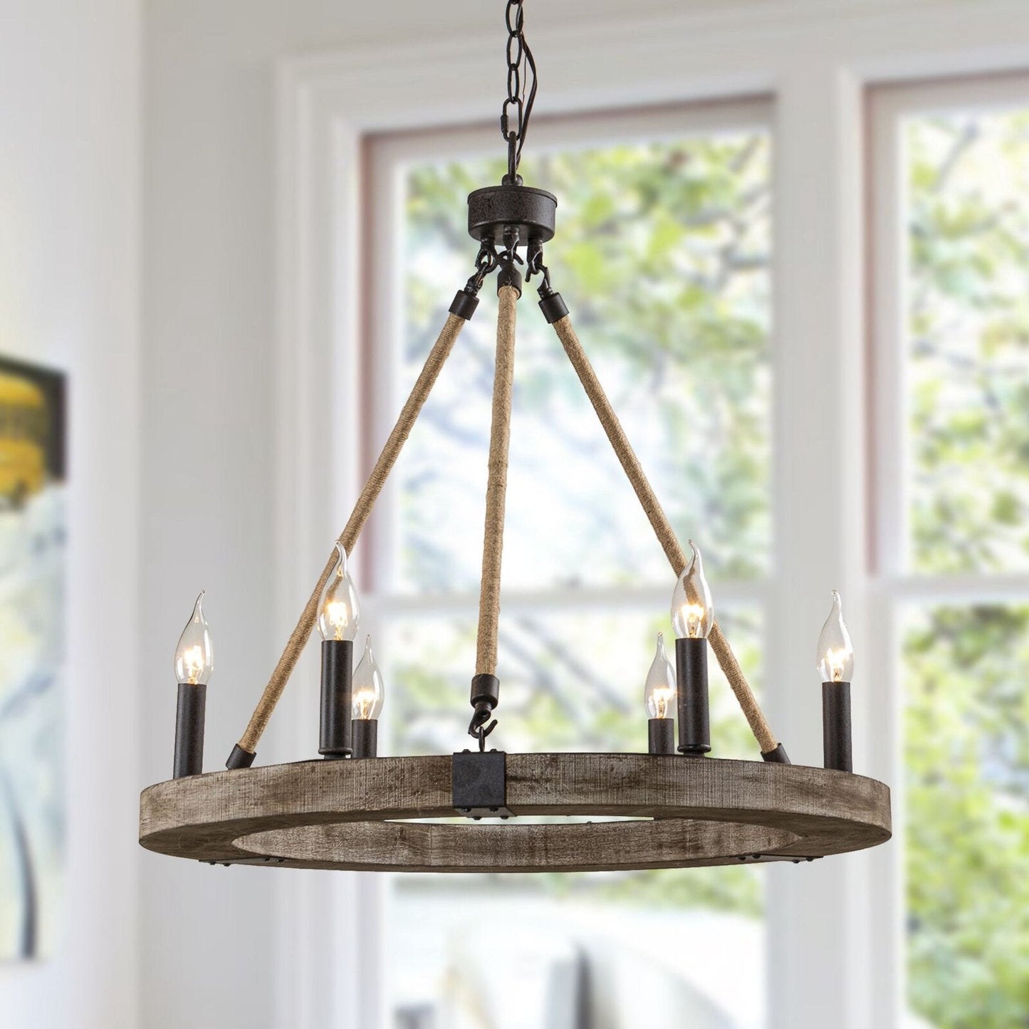 Venezia Wood Wheel Chandelier - Solid Wood Wagon Wheel Pendant Light | French Country Farmhouse Candelabra