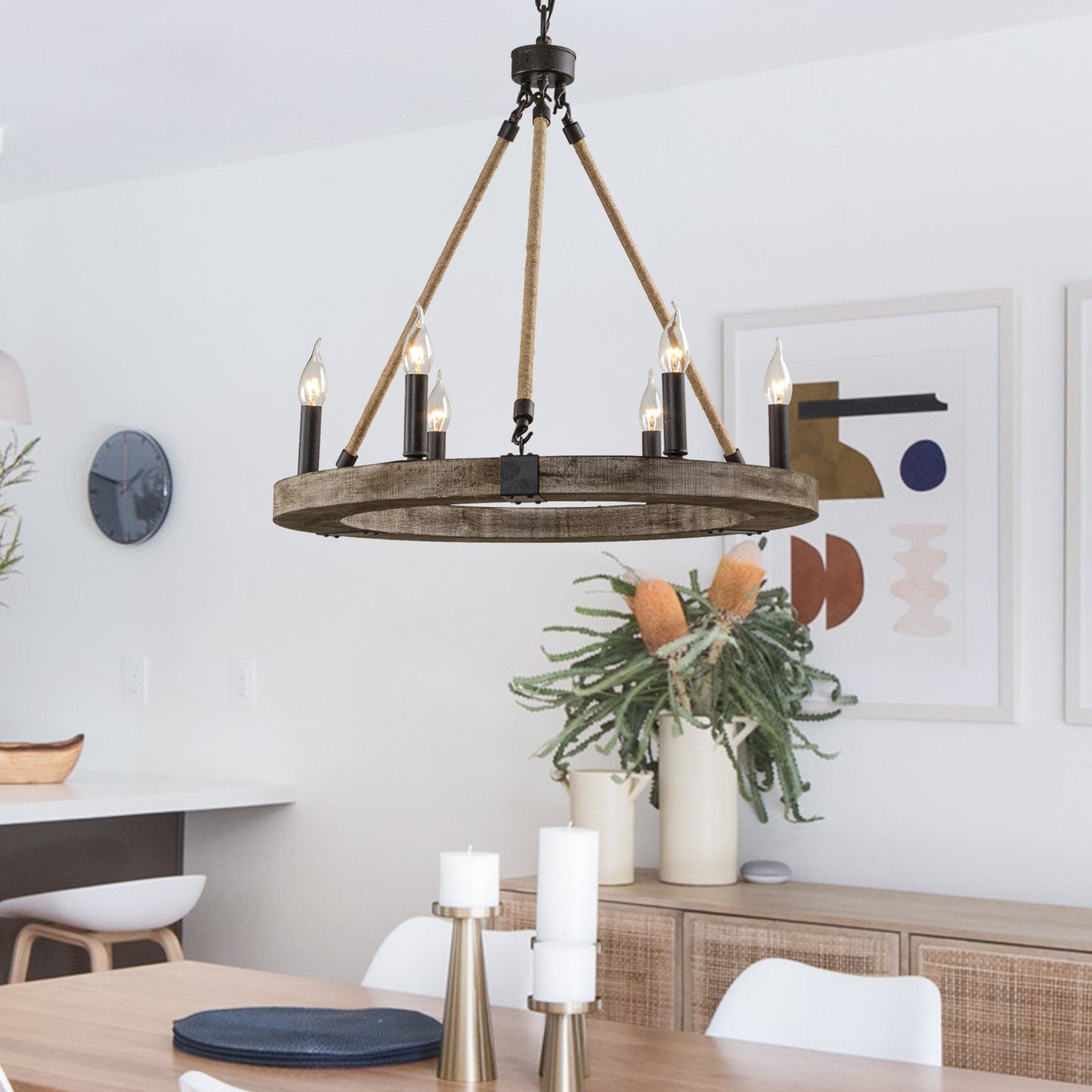 Venezia Wood Wheel Chandelier - Solid Wood Wagon Wheel Pendant Light | French Country Farmhouse Candelabra