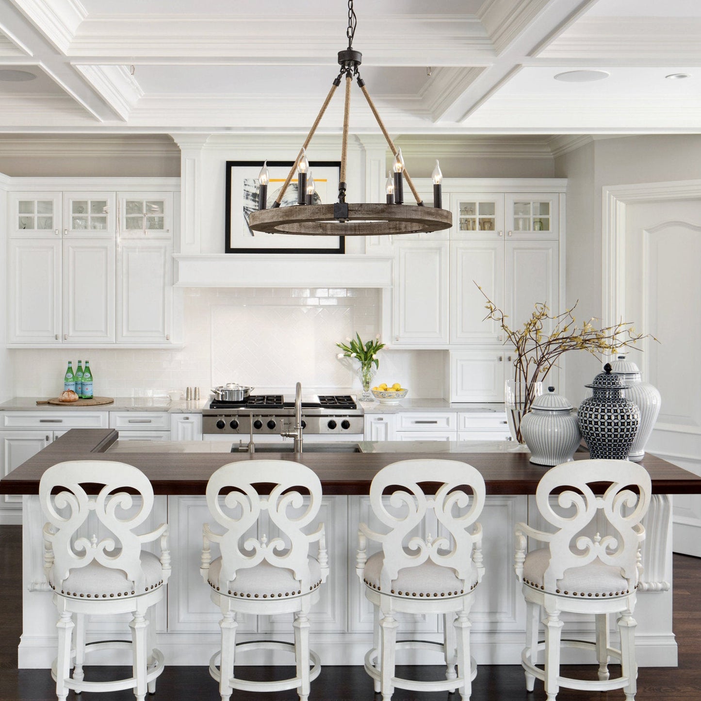 Venezia Wood Wheel Chandelier - Solid Wood Wagon Wheel Pendant Light | French Country Farmhouse Candelabra