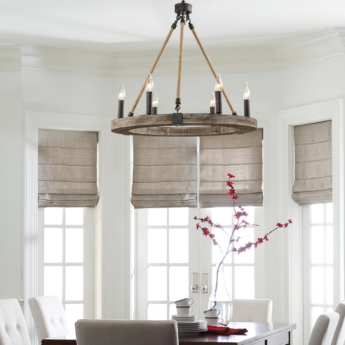 Venezia Wood Wheel Chandelier - Solid Wood Wagon Wheel Pendant Light | French Country Farmhouse Candelabra