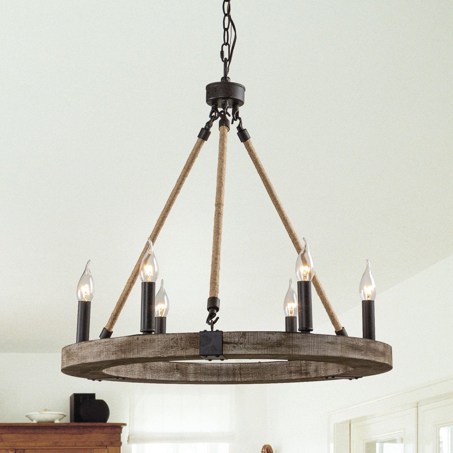 Venezia Wood Wheel Chandelier - Solid Wood Wagon Wheel Pendant Light | French Country Farmhouse Candelabra