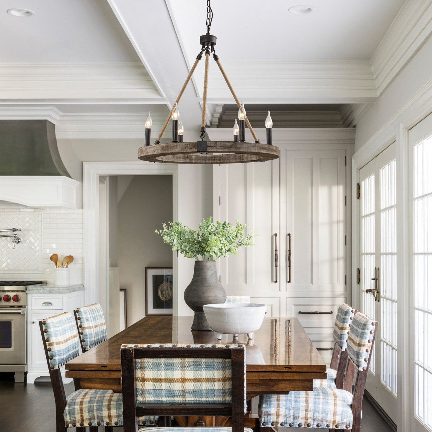 Venezia Wood Wheel Chandelier - Solid Wood Wagon Wheel Pendant Light | French Country Farmhouse Candelabra