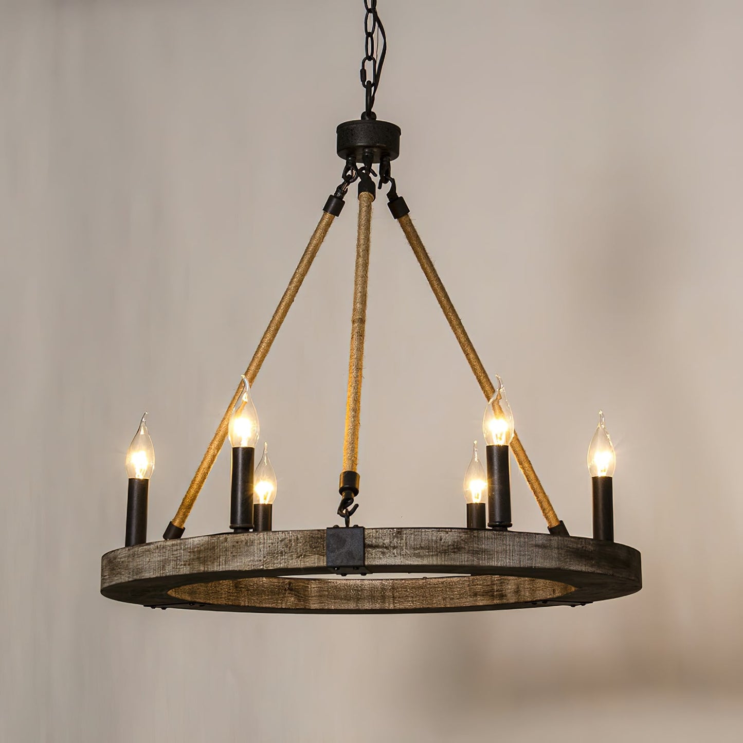 Venezia Wood Wheel Chandelier - Solid Wood Wagon Wheel Pendant Light | French Country Farmhouse Candelabra