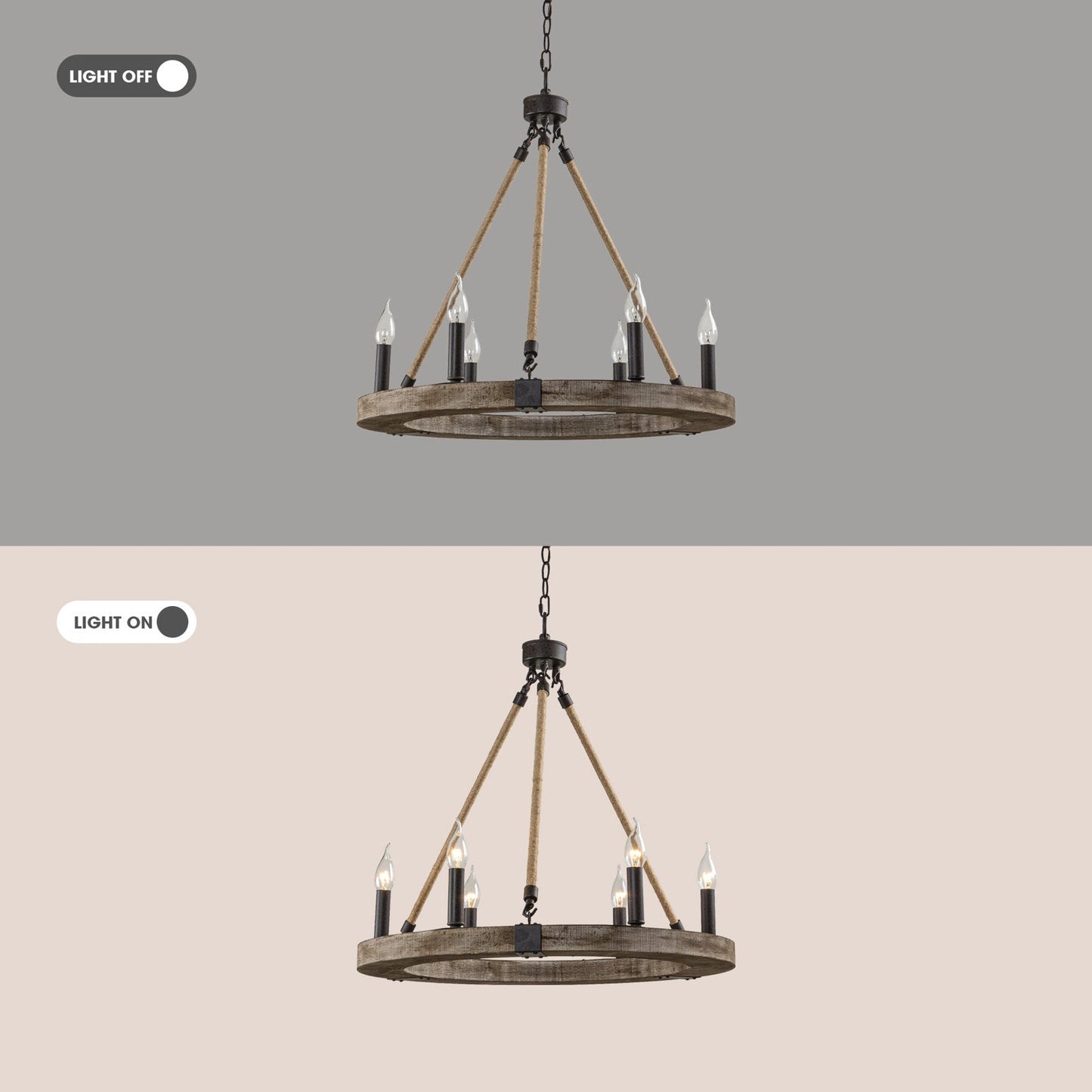 Venezia Wood Wheel Chandelier - Solid Wood Wagon Wheel Pendant Light | French Country Farmhouse Candelabra