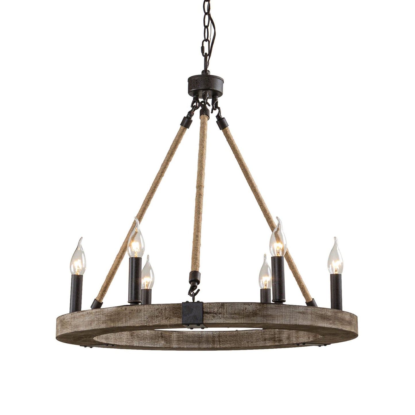 Venezia Wood Wheel Chandelier - Solid Wood Wagon Wheel Pendant Light | French Country Farmhouse Candelabra
