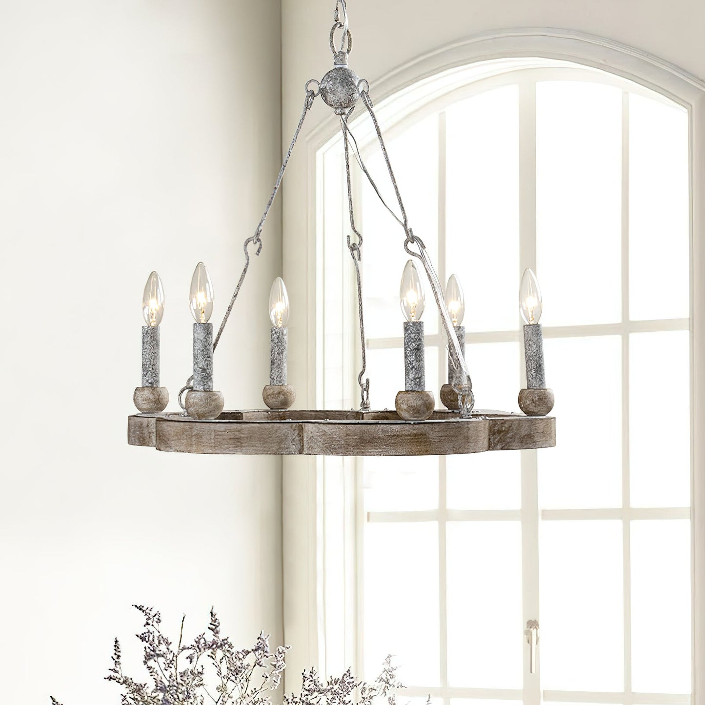 Venezia Wood Wheel Chandelier - Solid Wood Wagon Wheel Pendant Light | French Country Farmhouse Candelabra