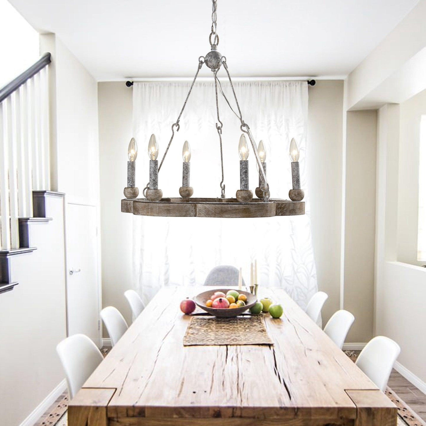 Venezia Wood Wheel Chandelier - Solid Wood Wagon Wheel Pendant Light | French Country Farmhouse Candelabra