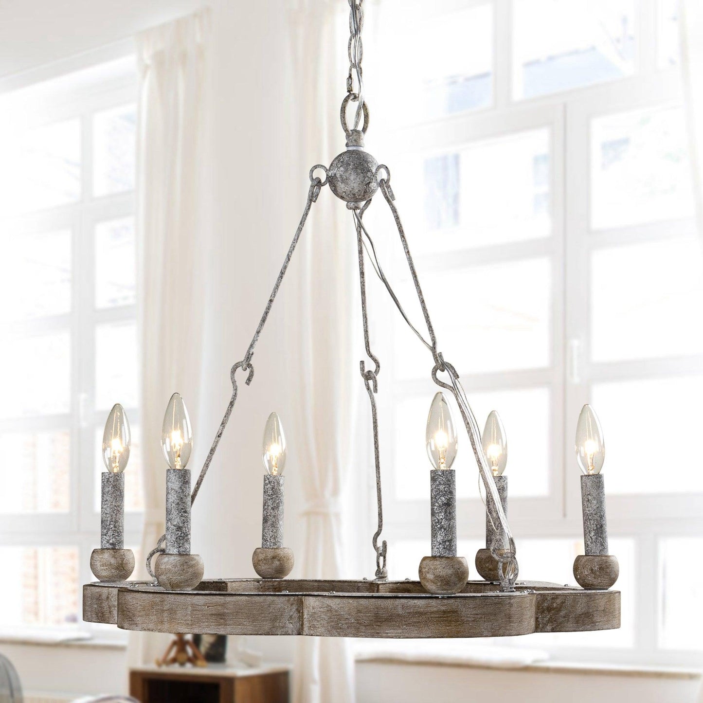 Venezia Wood Wheel Chandelier - Solid Wood Wagon Wheel Pendant Light | French Country Farmhouse Candelabra