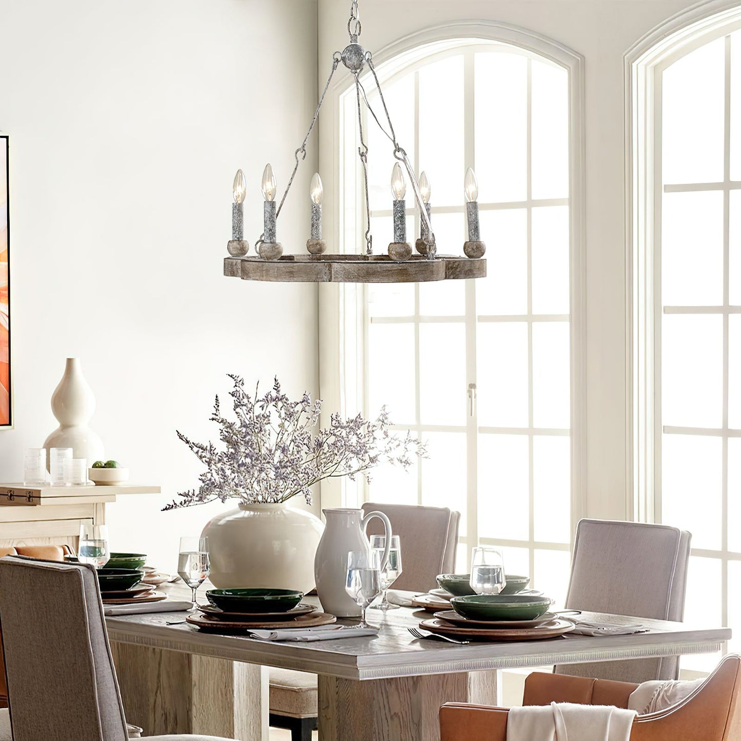 Venezia Wood Wheel Chandelier - Solid Wood Wagon Wheel Pendant Light | French Country Farmhouse Candelabra