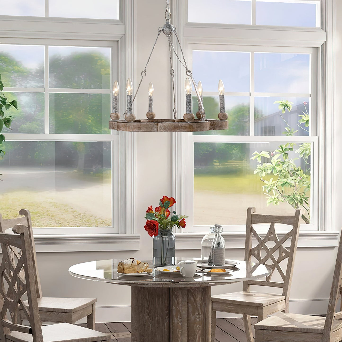Venezia Wood Wheel Chandelier - Solid Wood Wagon Wheel Pendant Light | French Country Farmhouse Candelabra