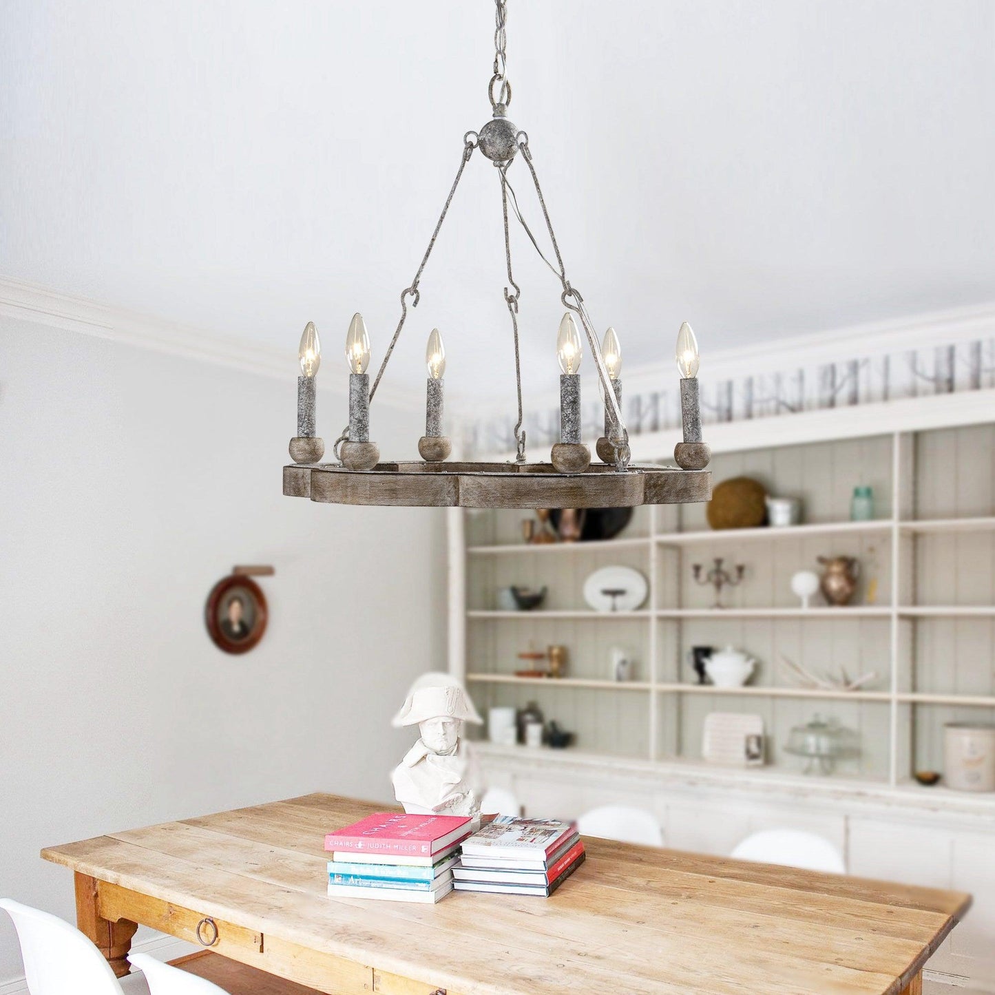 Venezia Wood Wheel Chandelier - Solid Wood Wagon Wheel Pendant Light | French Country Farmhouse Candelabra