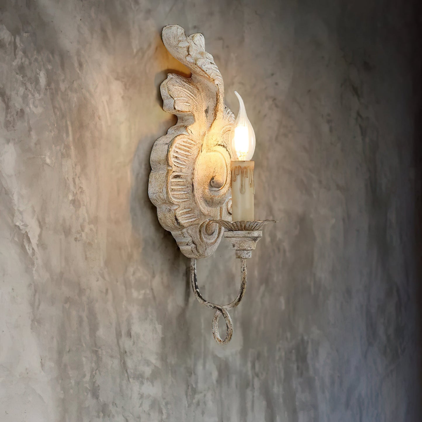 Verdure Vintage Sconce - Carved Resin & Metal Candle Arm Wall Light | French Country Candelabra Accent
