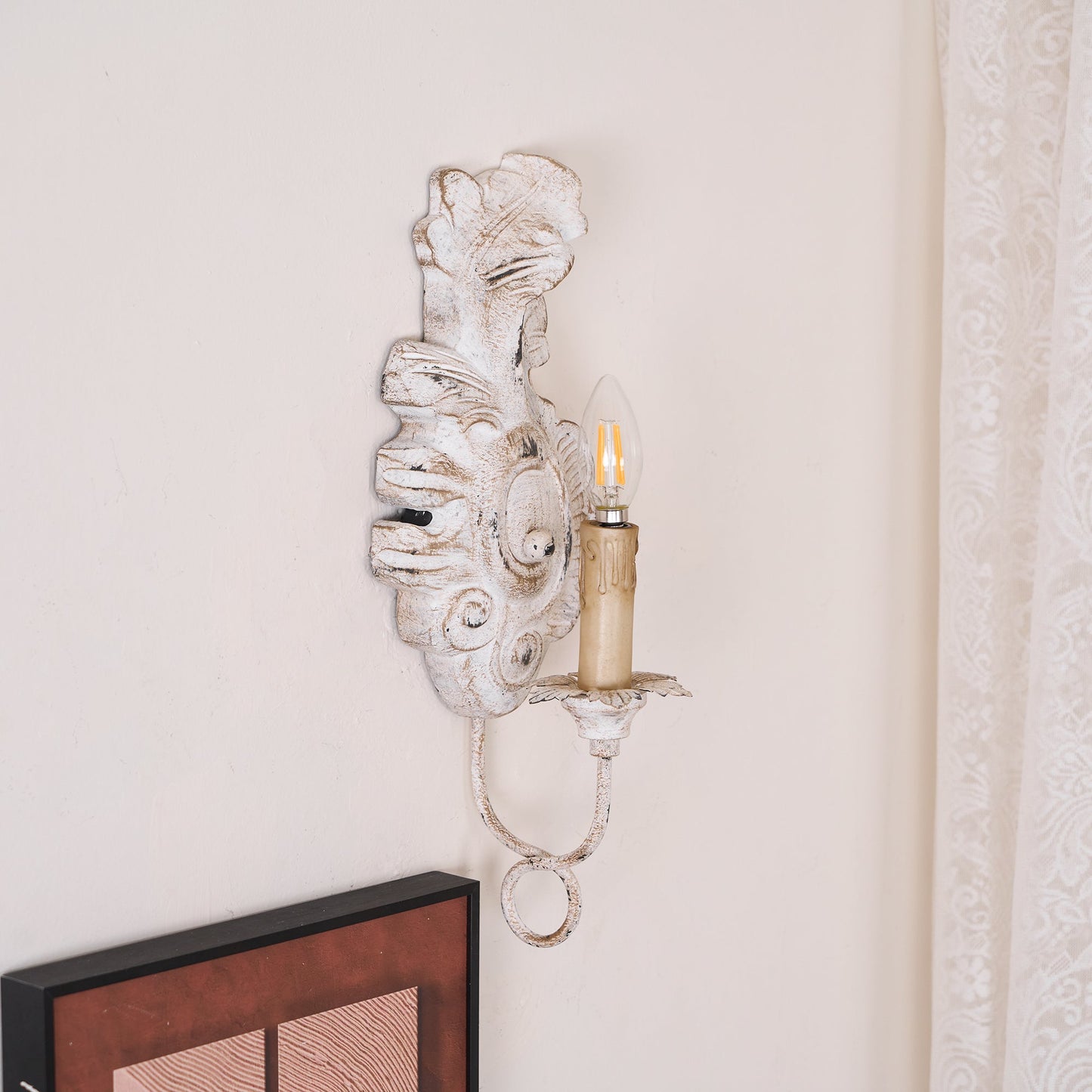Verdure Vintage Sconce - Carved Resin & Metal Candle Arm Wall Light | French Country Candelabra Accent