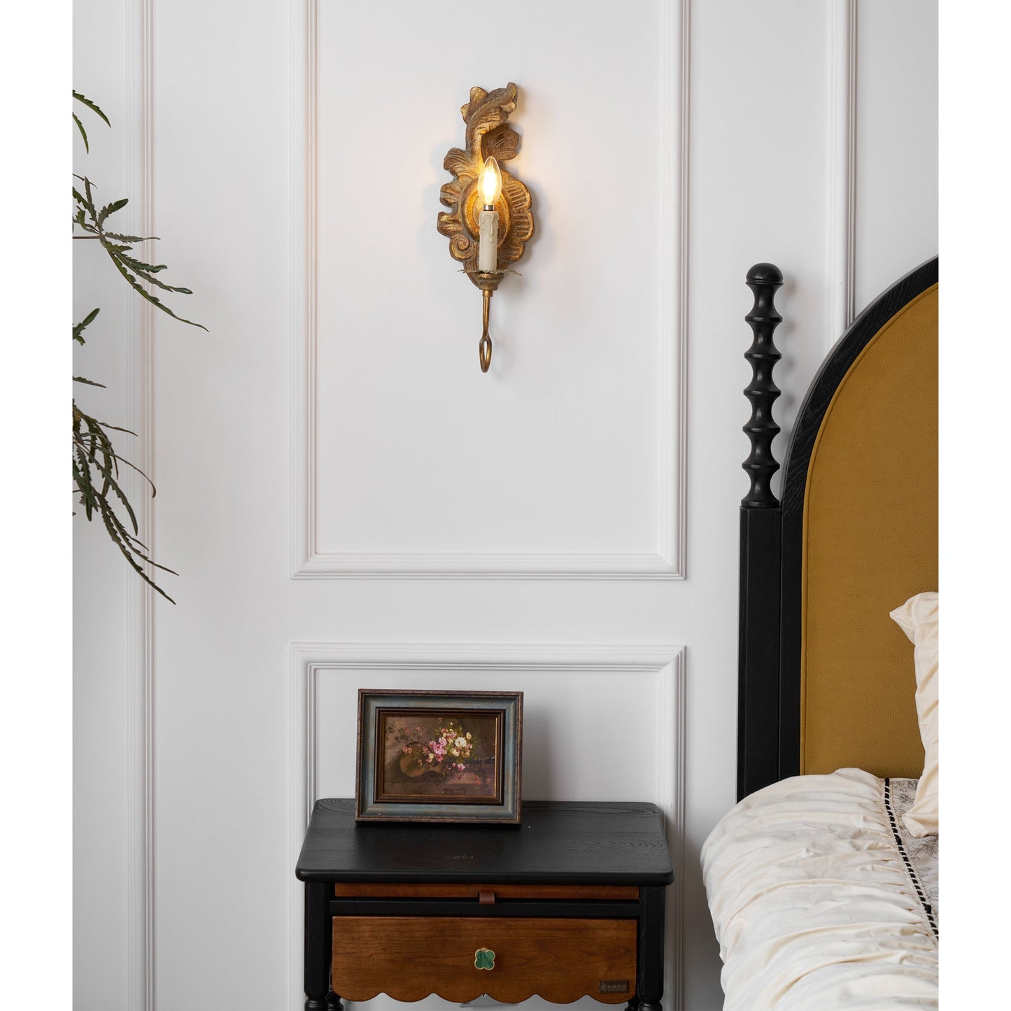 Verdure Vintage Sconce - Carved Resin & Metal Candle Arm Wall Light | French Country Candelabra Accent