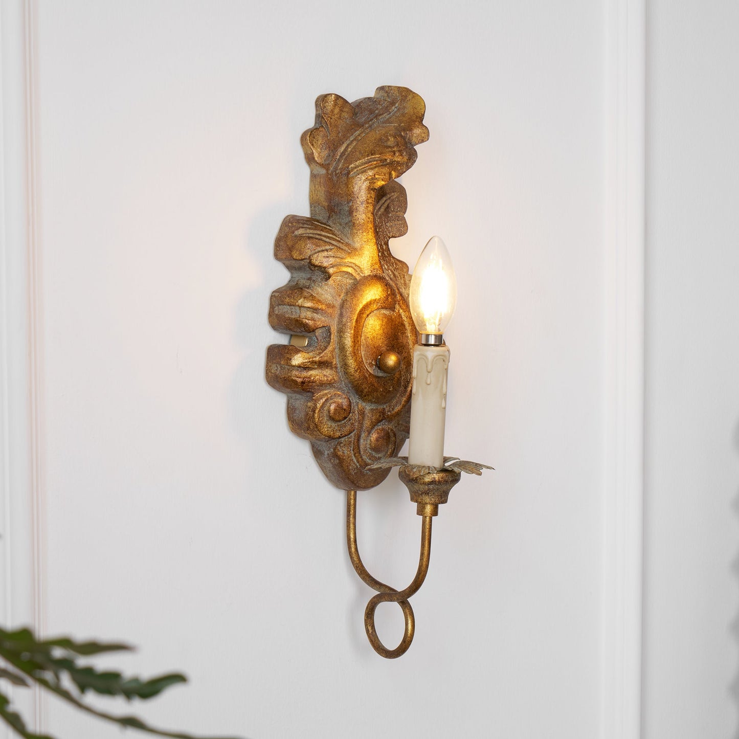 Verdure Vintage Sconce - Carved Resin & Metal Candle Arm Wall Light | French Country Candelabra Accent