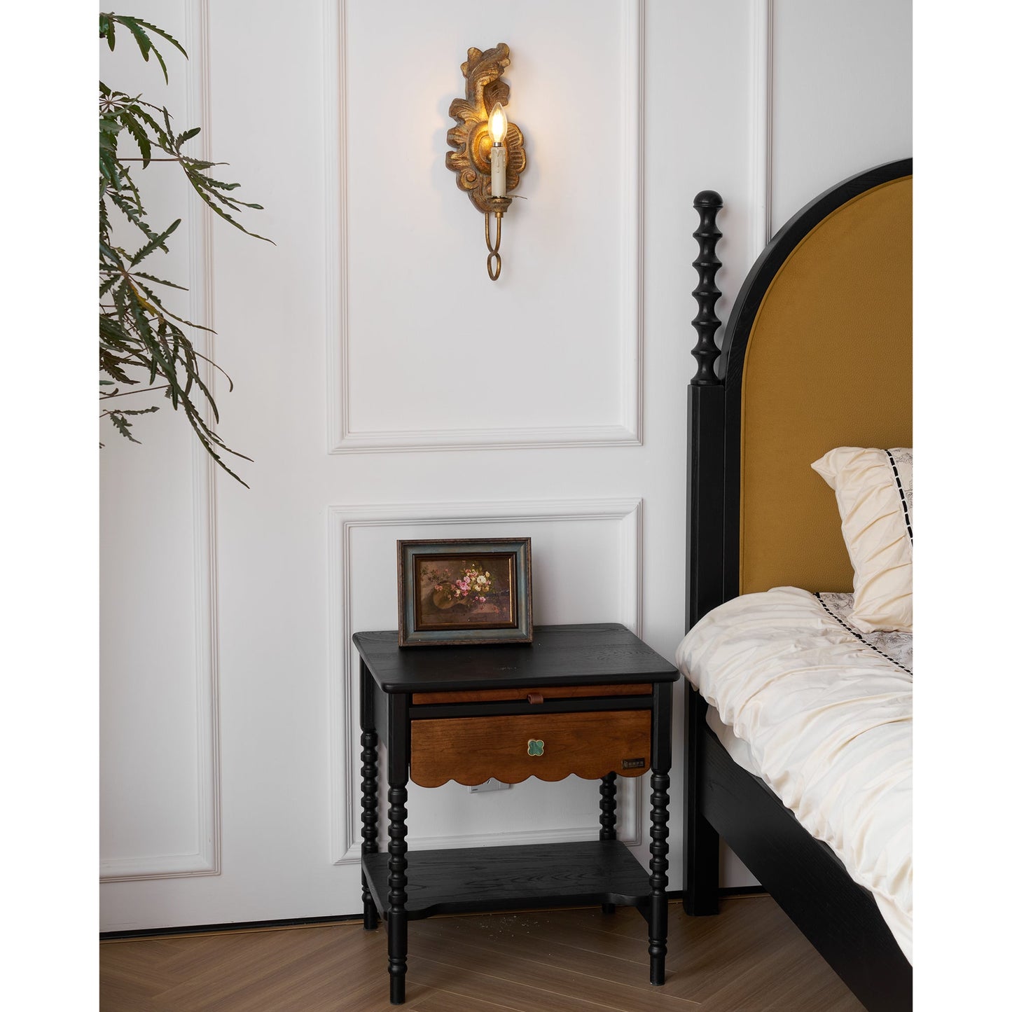 Verdure Vintage Sconce - Carved Resin & Metal Candle Arm Wall Light | French Country Candelabra Accent