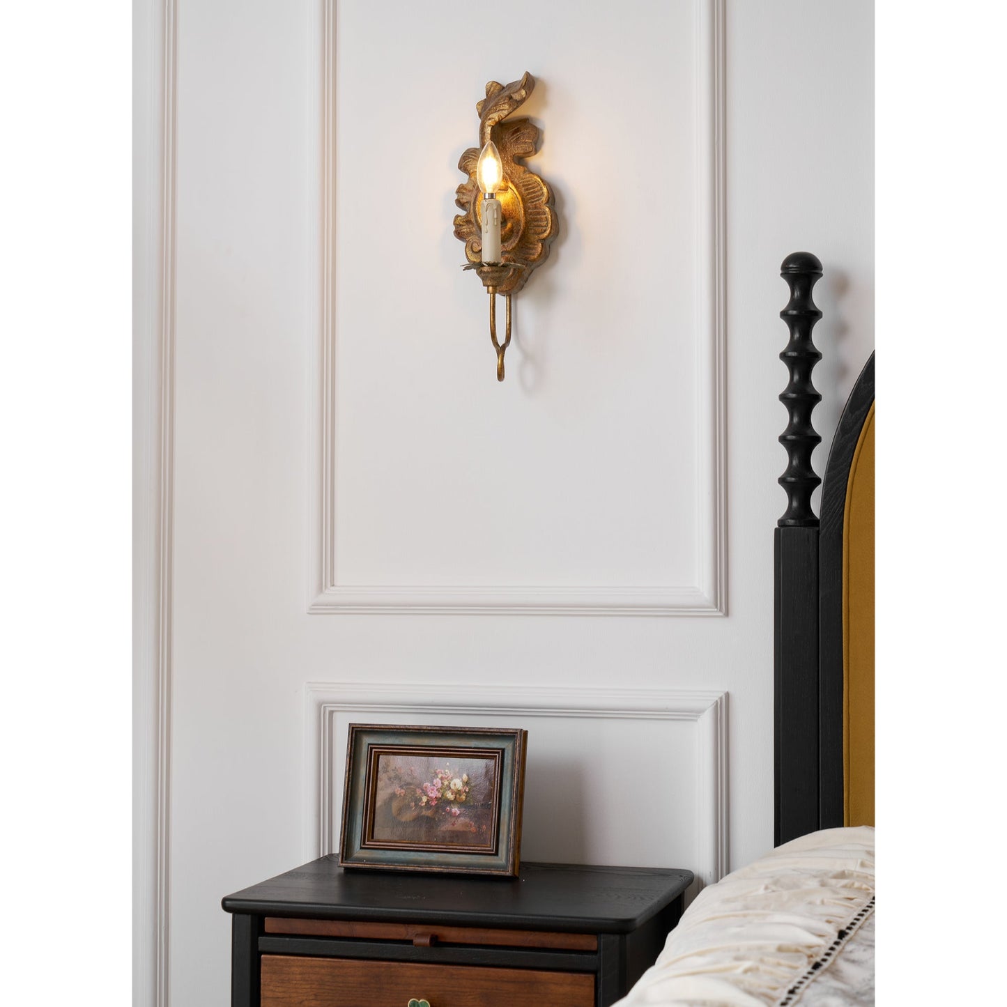 Verdure Vintage Sconce - Carved Resin & Metal Candle Arm Wall Light | French Country Candelabra Accent