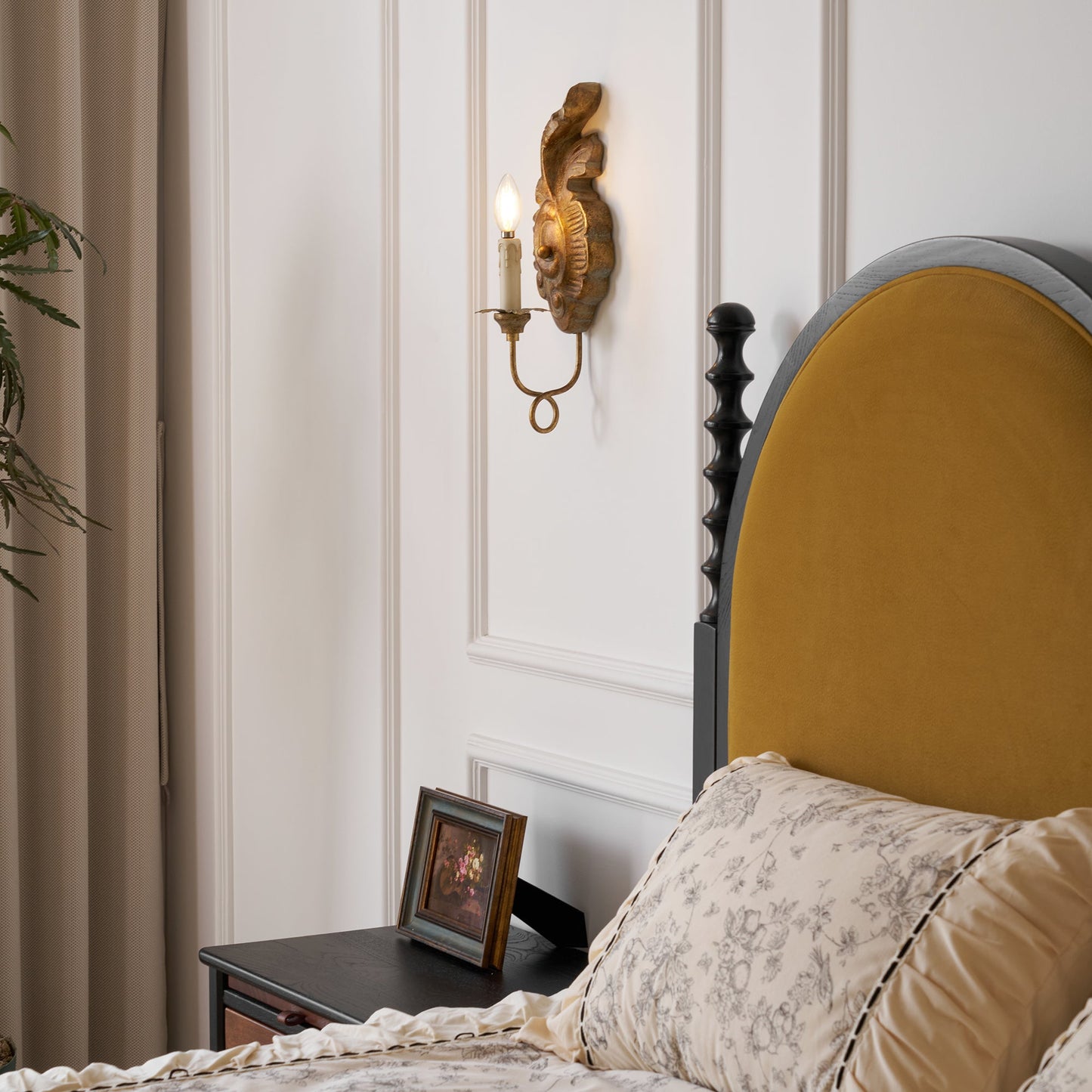 Verdure Vintage Sconce - Carved Resin & Metal Candle Arm Wall Light | French Country Candelabra Accent