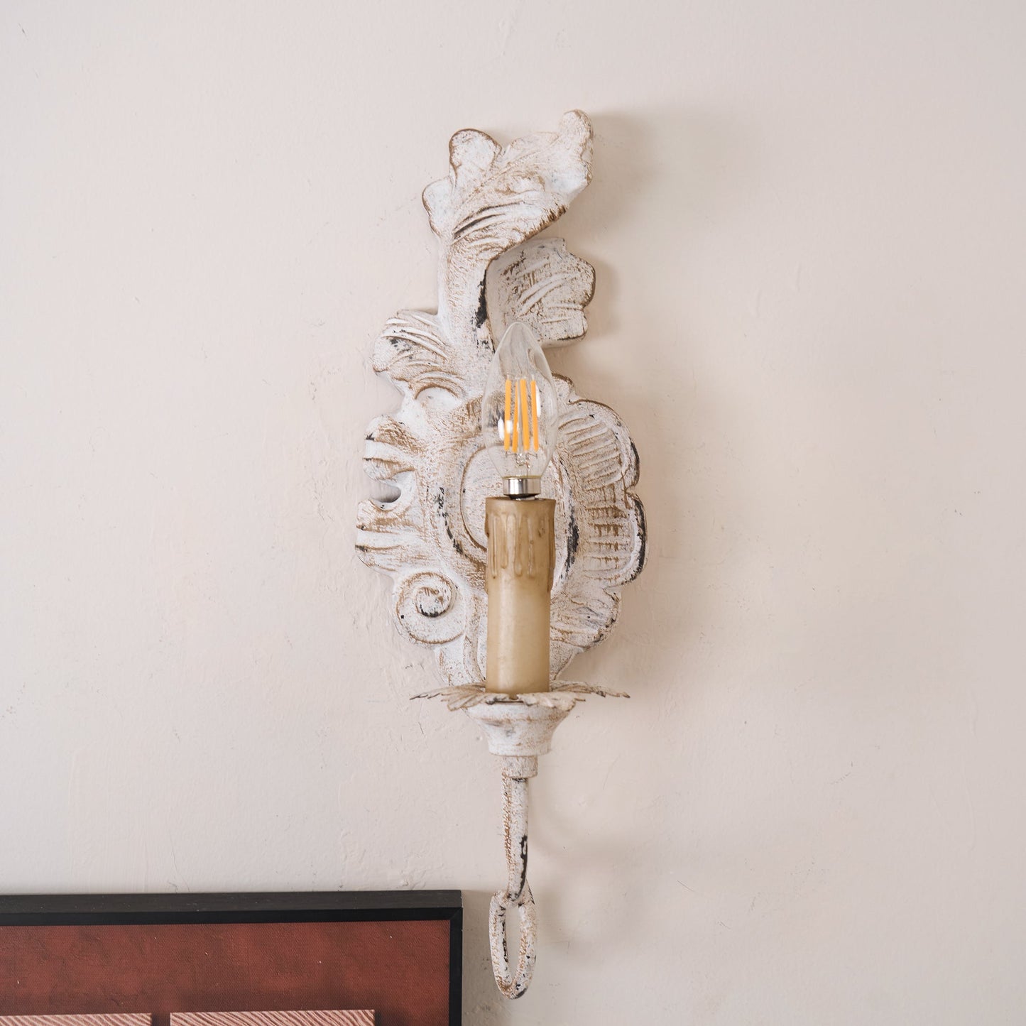 Verdure Vintage Sconce - Carved Resin & Metal Candle Arm Wall Light | French Country Candelabra Accent