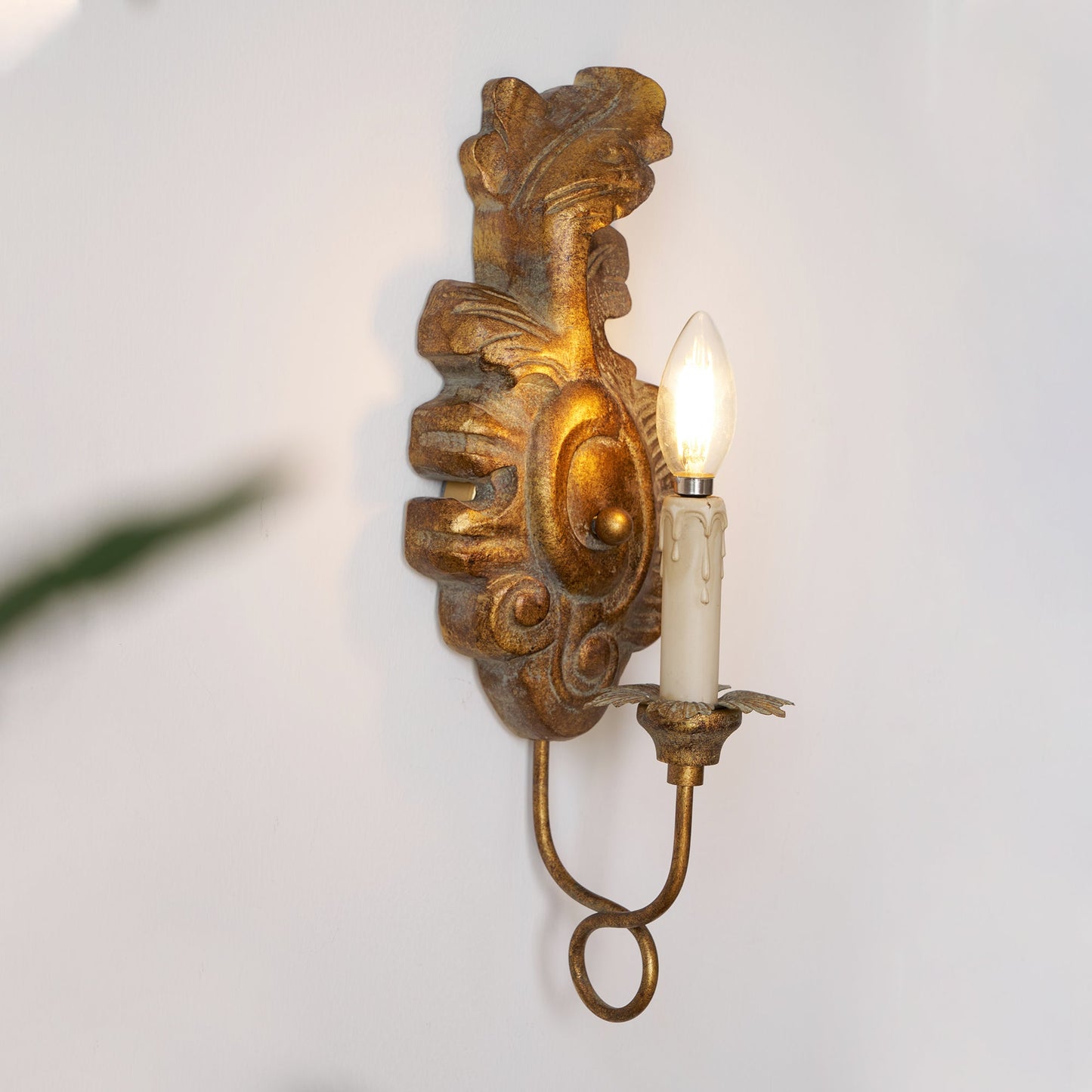Verdure Vintage Sconce - Carved Resin & Metal Candle Arm Wall Light | French Country Candelabra Accent