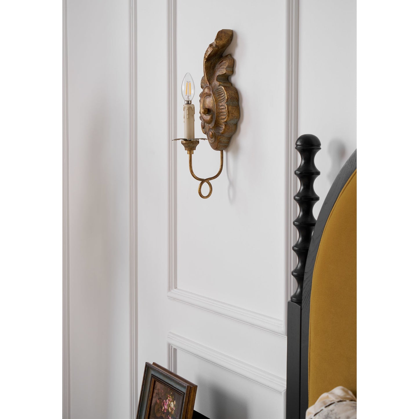 Verdure Vintage Sconce - Carved Resin & Metal Candle Arm Wall Light | French Country Candelabra Accent