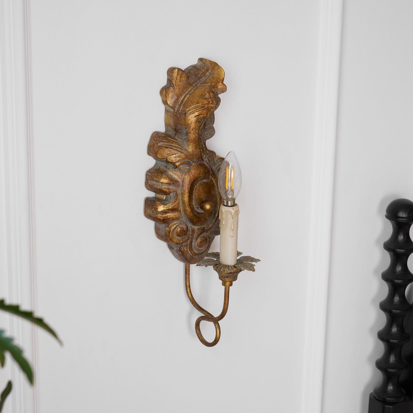 Verdure Vintage Sconce - Carved Resin & Metal Candle Arm Wall Light | French Country Candelabra Accent