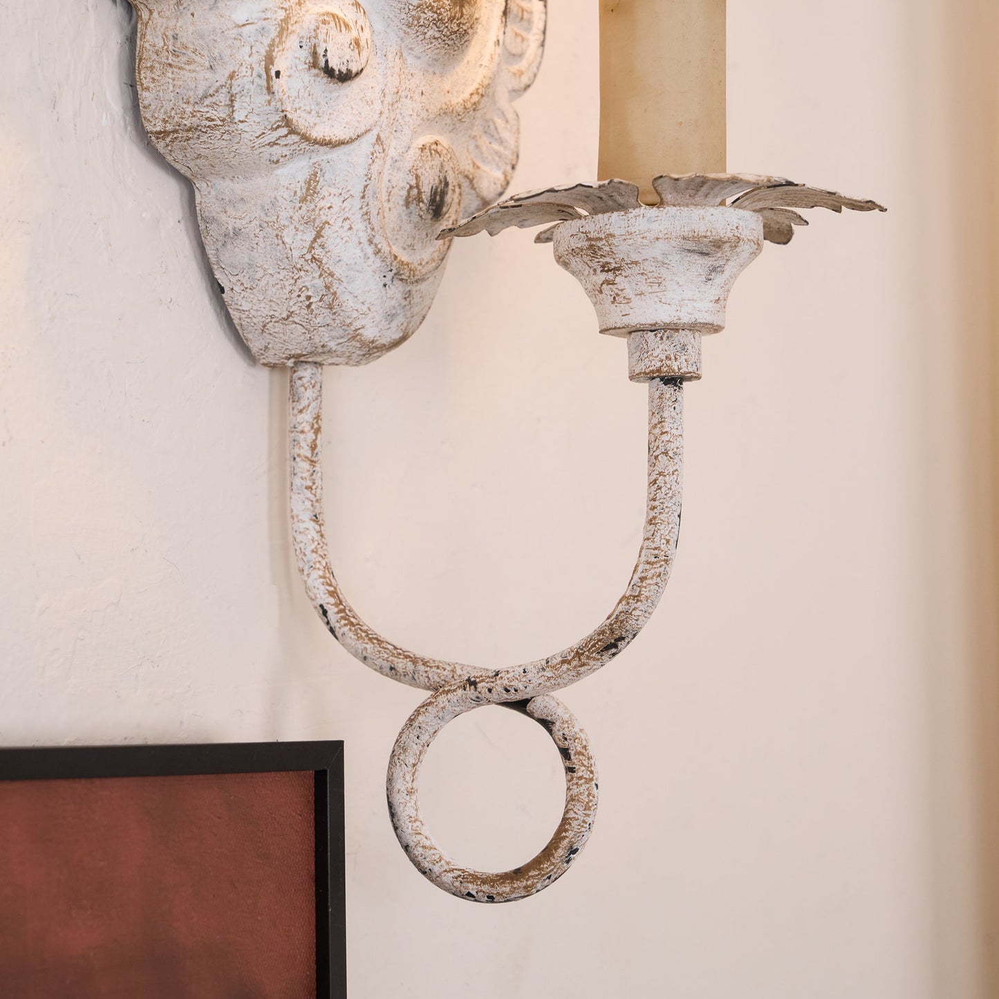 Verdure Vintage Sconce - Carved Resin & Metal Candle Arm Wall Light | French Country Candelabra Accent