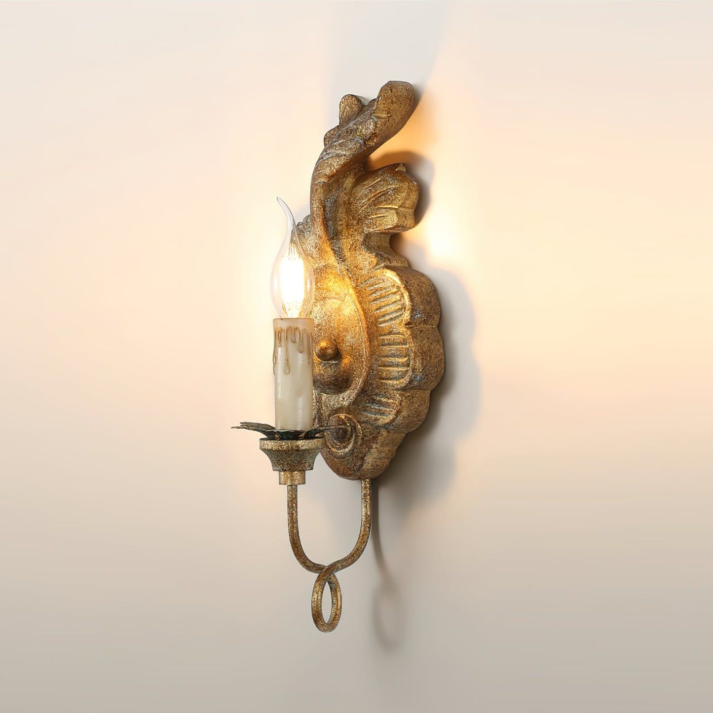 Verdure Vintage Sconce - Carved Resin & Metal Candle Arm Wall Light | French Country Candelabra Accent