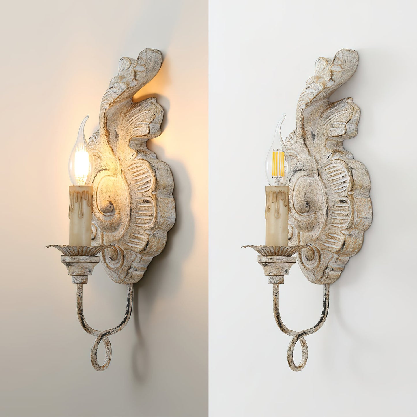 Verdure Vintage Sconce - Carved Resin & Metal Candle Arm Wall Light | French Country Candelabra Accent