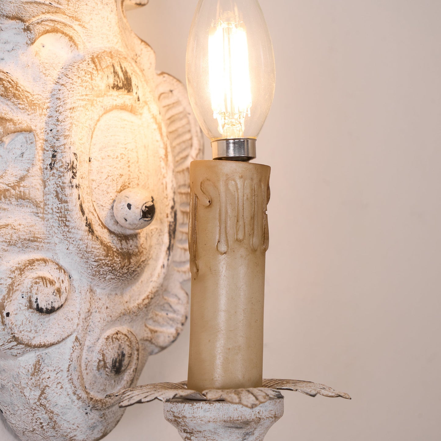 Verdure Vintage Sconce - Carved Resin & Metal Candle Arm Wall Light | French Country Candelabra Accent