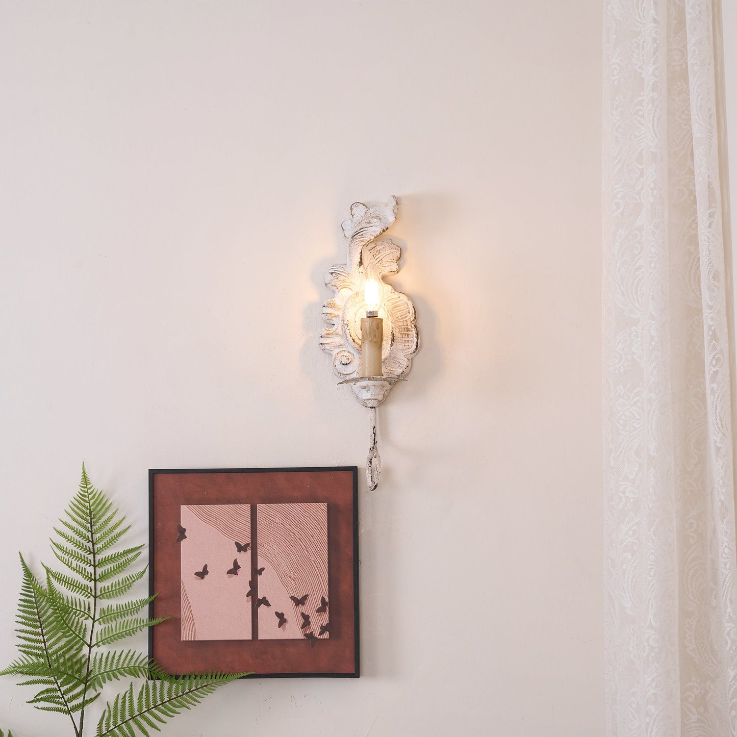 Verdure Vintage Sconce - Carved Resin & Metal Candle Arm Wall Light | French Country Candelabra Accent