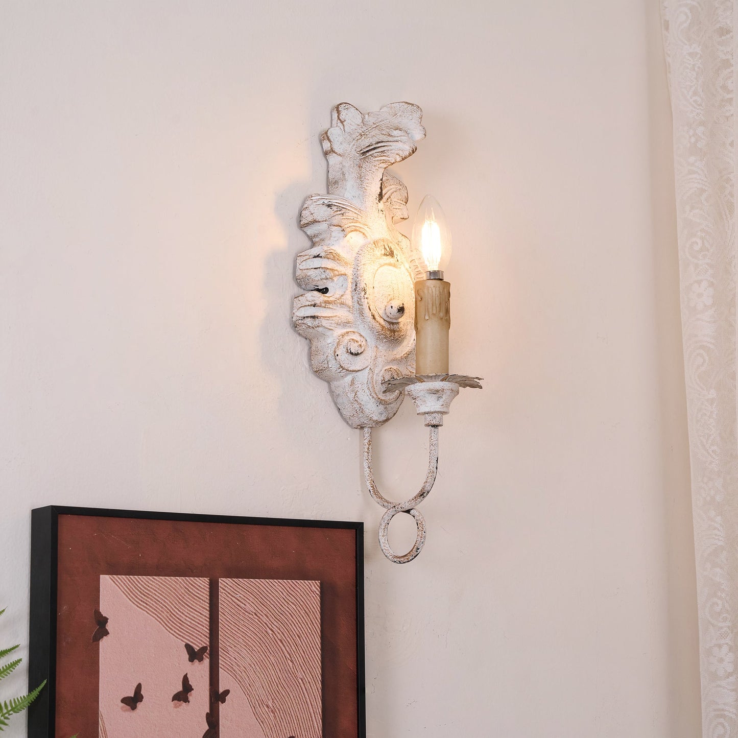 Verdure Vintage Sconce - Carved Resin & Metal Candle Arm Wall Light | French Country Candelabra Accent