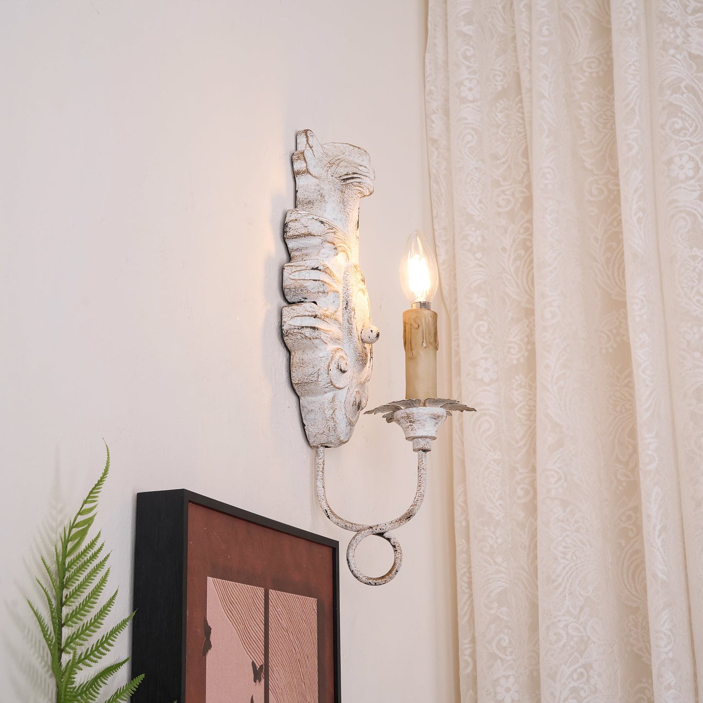 Verdure Vintage Sconce - Carved Resin & Metal Candle Arm Wall Light | French Country Candelabra Accent