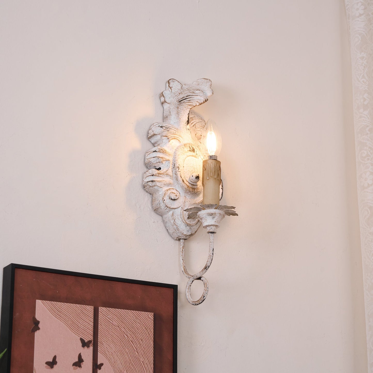 Verdure Vintage Sconce - Carved Resin & Metal Candle Arm Wall Light | French Country Candelabra Accent