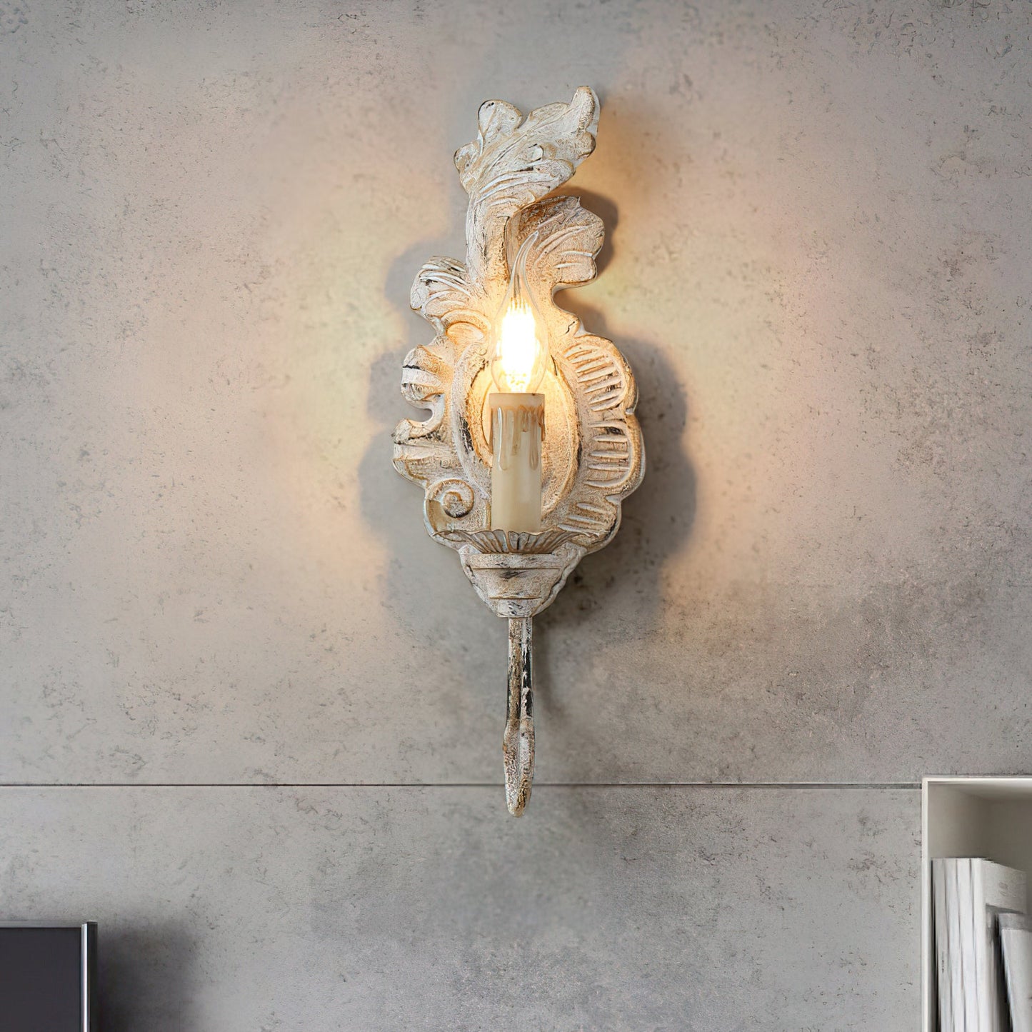 Verdure Vintage Sconce - Carved Resin & Metal Candle Arm Wall Light | French Country Candelabra Accent