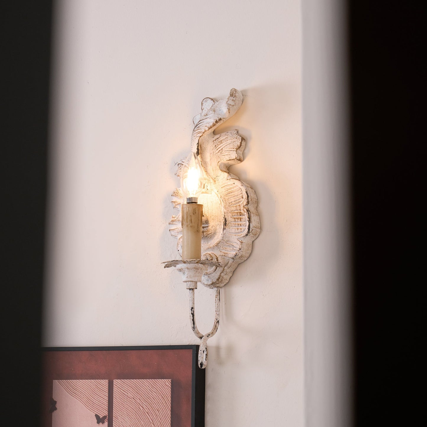 Verdure Vintage Sconce - Carved Resin & Metal Candle Arm Wall Light | French Country Candelabra Accent