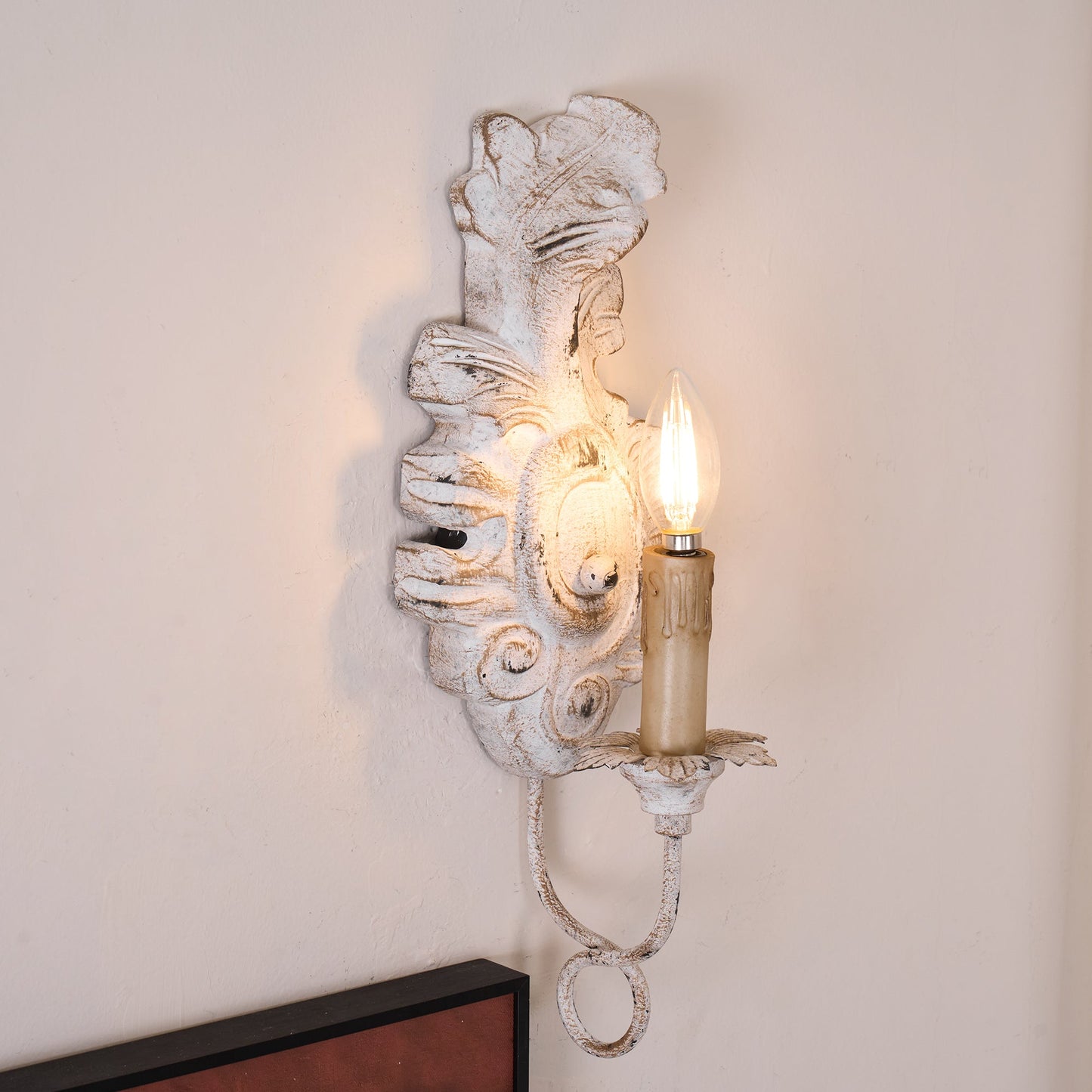 Verdure Vintage Sconce - Carved Resin & Metal Candle Arm Wall Light | French Country Candelabra Accent