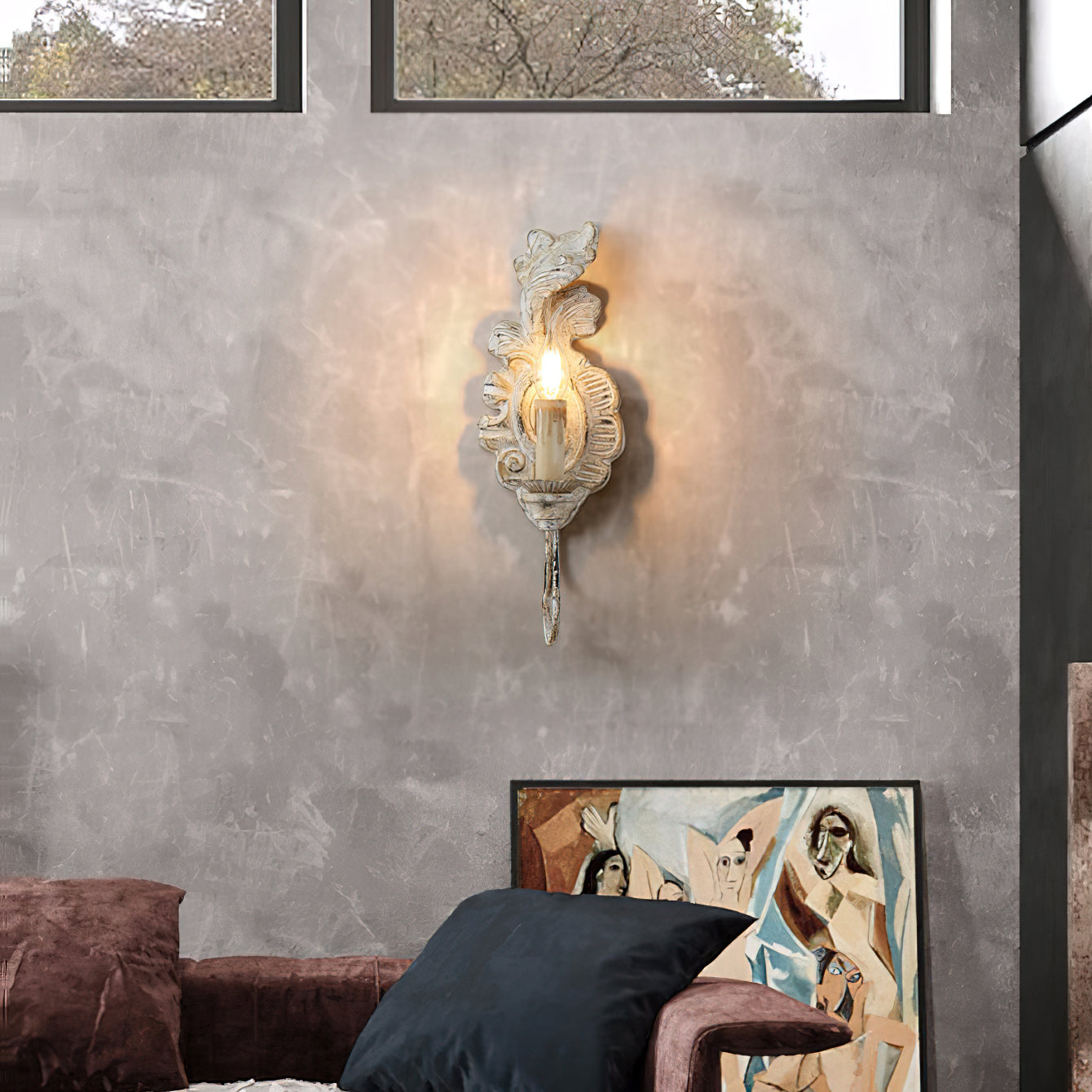 Verdure Vintage Sconce - Carved Resin & Metal Candle Arm Wall Light | French Country Candelabra Accent