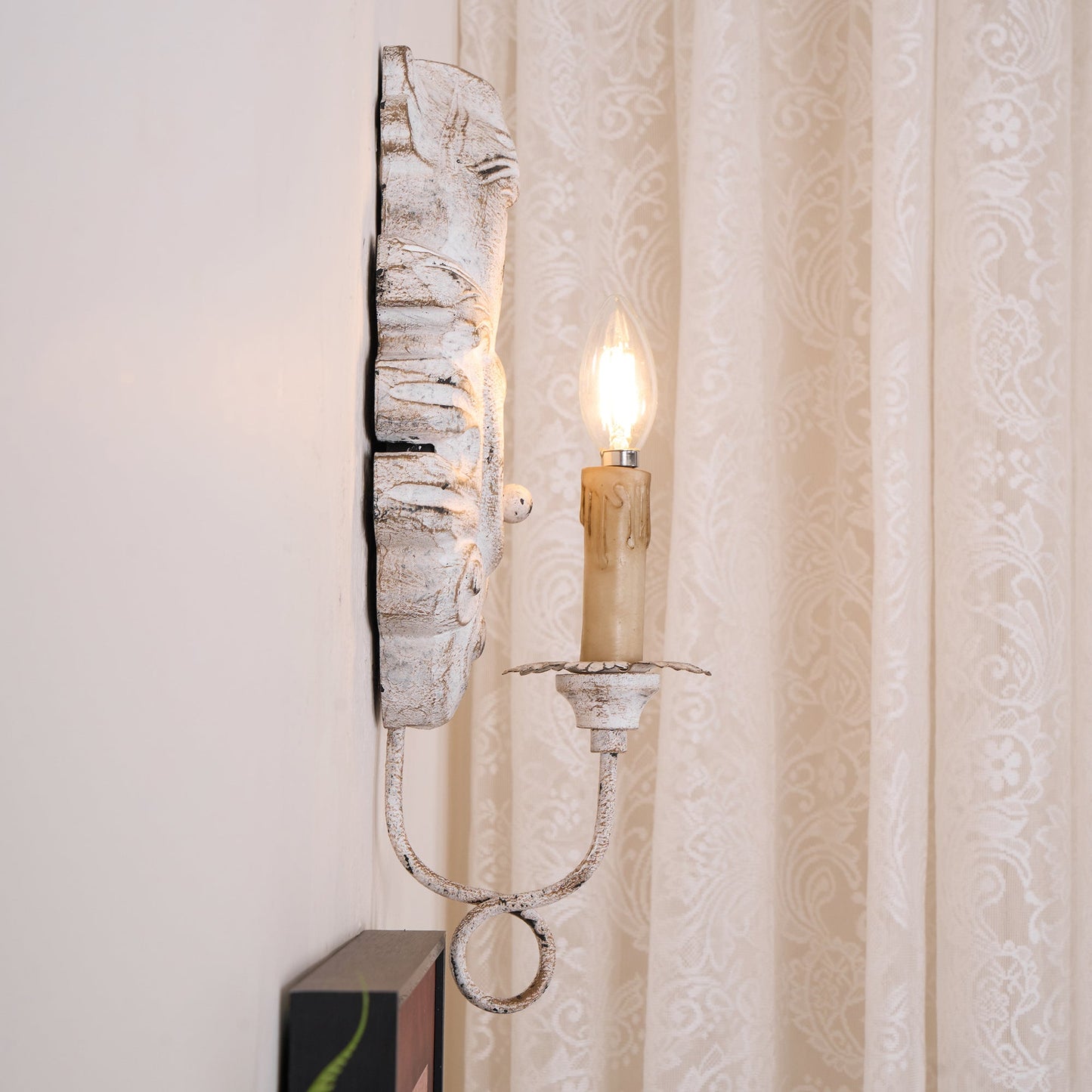 Verdure Vintage Sconce - Carved Resin & Metal Candle Arm Wall Light | French Country Candelabra Accent