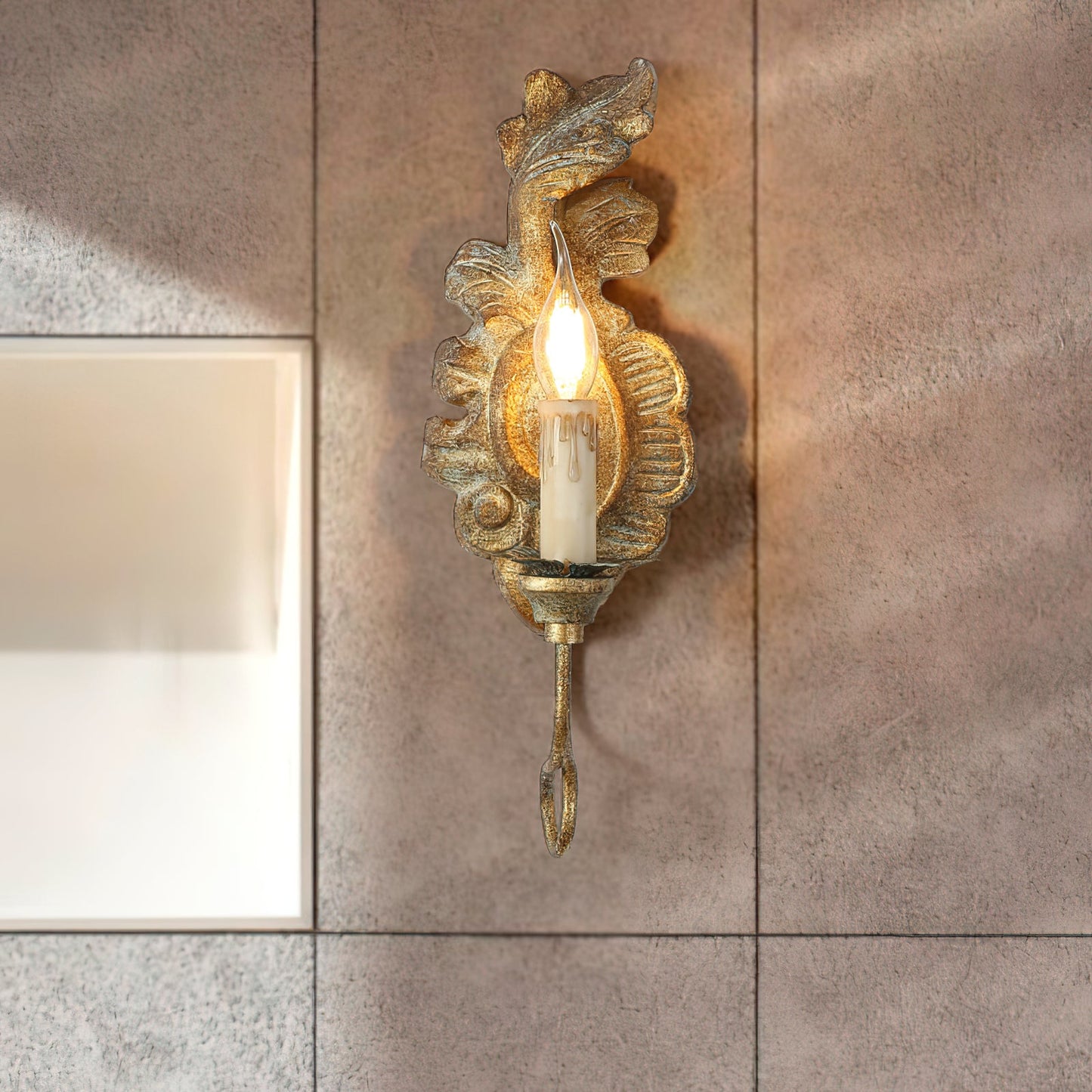 Verdure Vintage Sconce - Carved Resin & Metal Candle Arm Wall Light | French Country Candelabra Accent