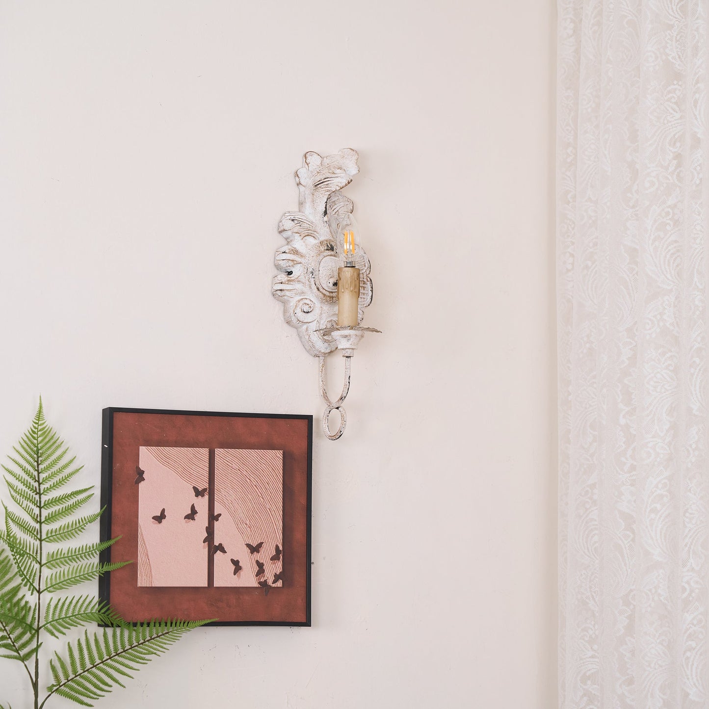Verdure Vintage Sconce - Carved Resin & Metal Candle Arm Wall Light | French Country Candelabra Accent