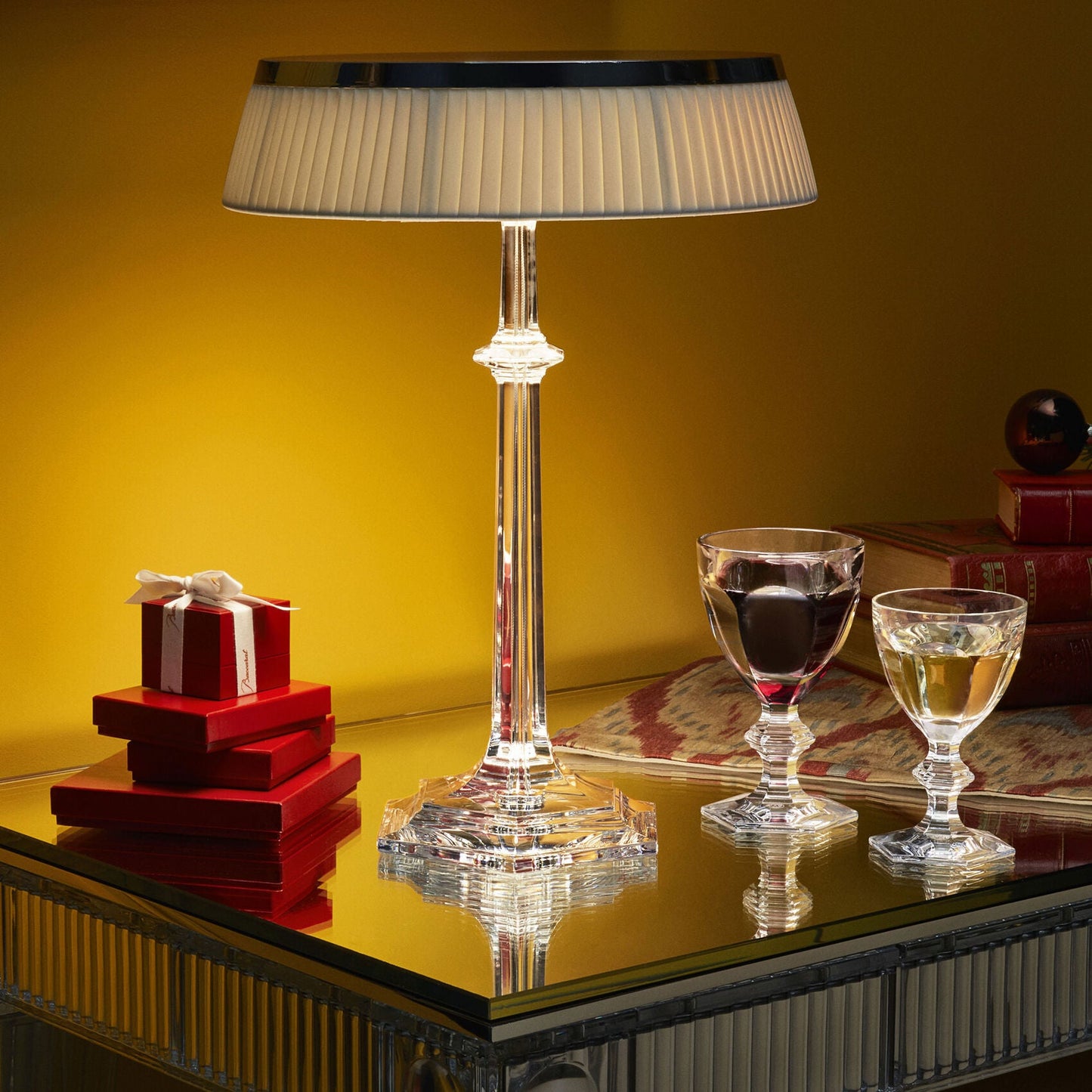 Versailles Table Lamp - K9 Crystal Body & Pleated Fabric Shade Light | Chrome Top LED Accent Desk Lamp