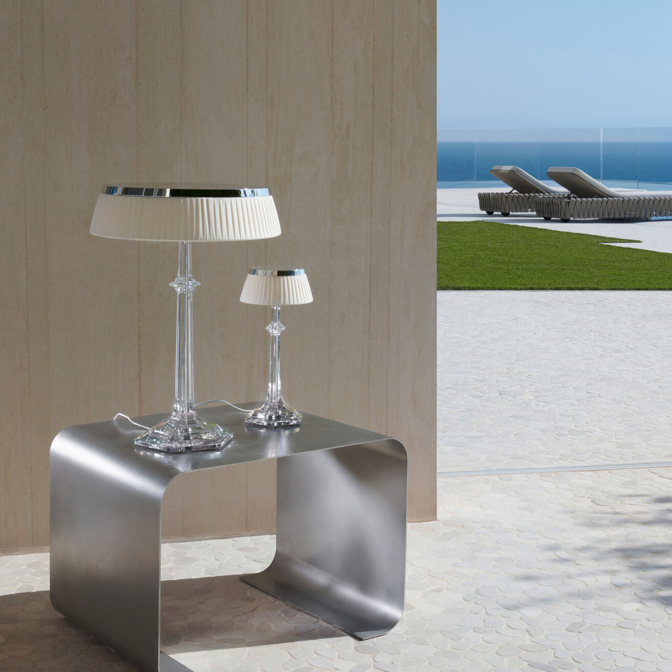 Versailles Table Lamp - K9 Crystal Body & Pleated Fabric Shade Light | Chrome Top LED Accent Desk Lamp